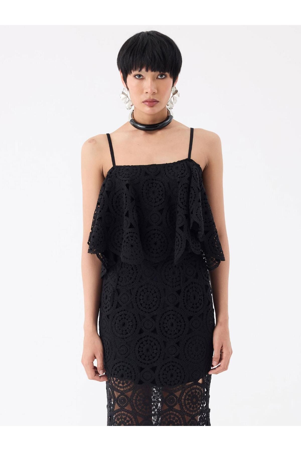 RİVUS Boyundan Askılı Dantel Crop Bluz - Siyah