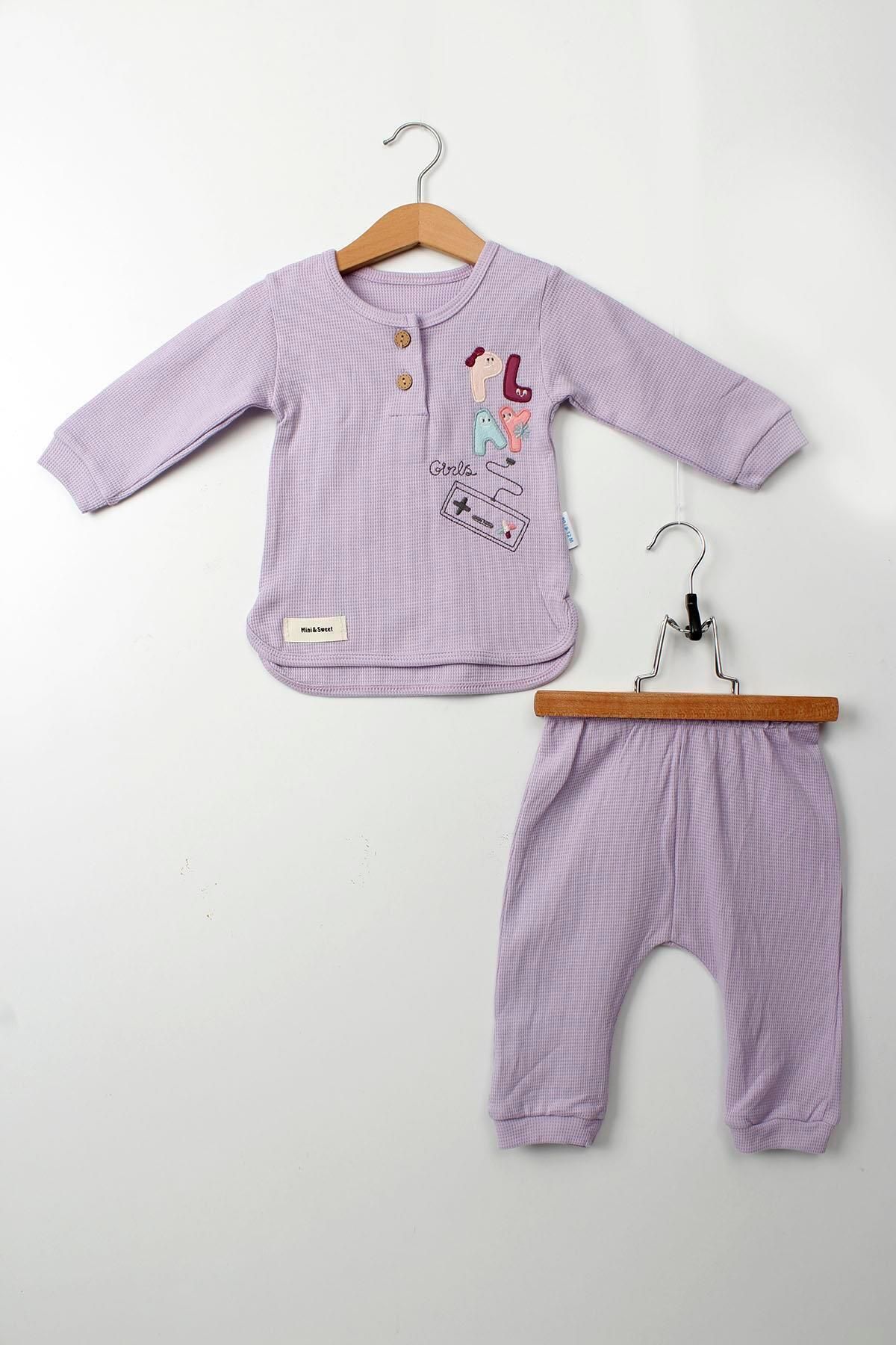Çocuksan Baby&Kids Wear Kız Bebek Takımı Lila Renk 2'li Uzun Kollu Pamuklu PLAY Girls Desenli Alt Üst Giyim Seti