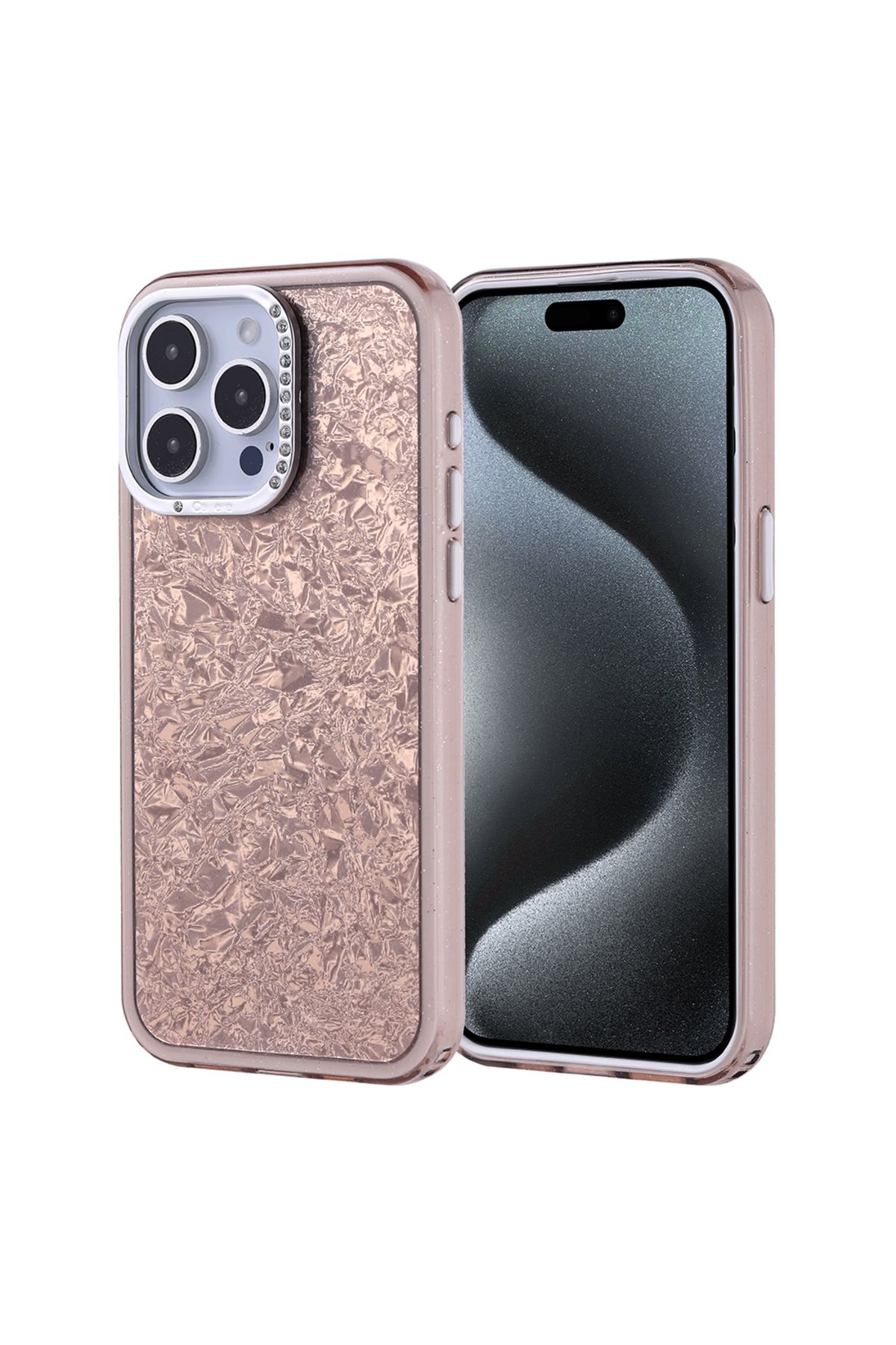 zore İphone 15 Pro Max Kılıf Parlak Taşlı Tasarımlı Dikkat Çekici Şık Lüks Silikon Sert Kapi Kapak