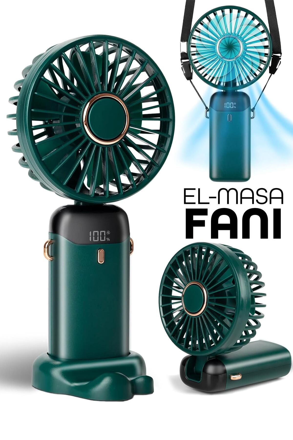 Telvesse LCD Ekranlı Şarjlı El Fanı 5 Kademe Boyun Seyahat Masaüstü Vantilatör Taşınabilir Mini Fan Yeşil N5