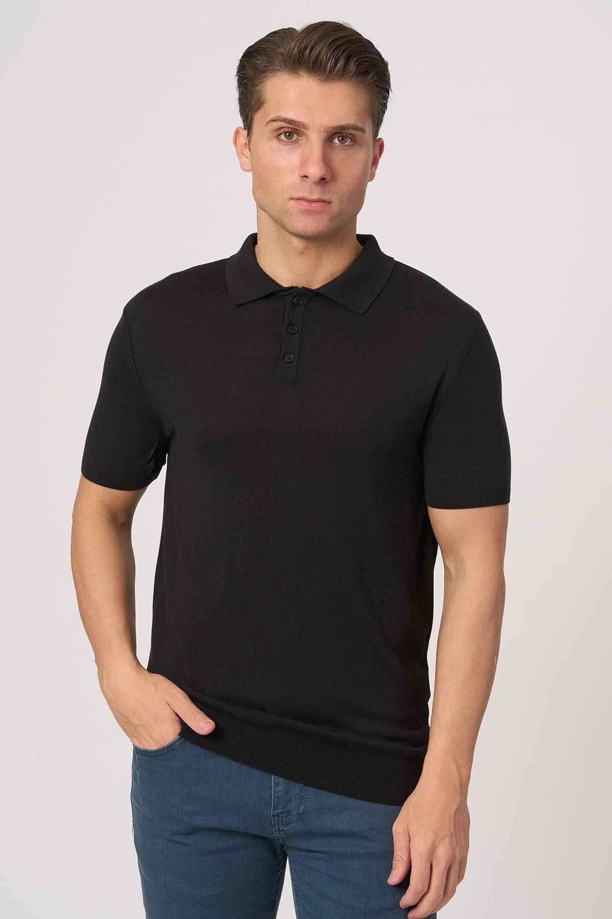 White Stone WHİTE STONE 2025-Y 25251 POLA YAKA DÜG.BASIC TSHIRT SİYAH