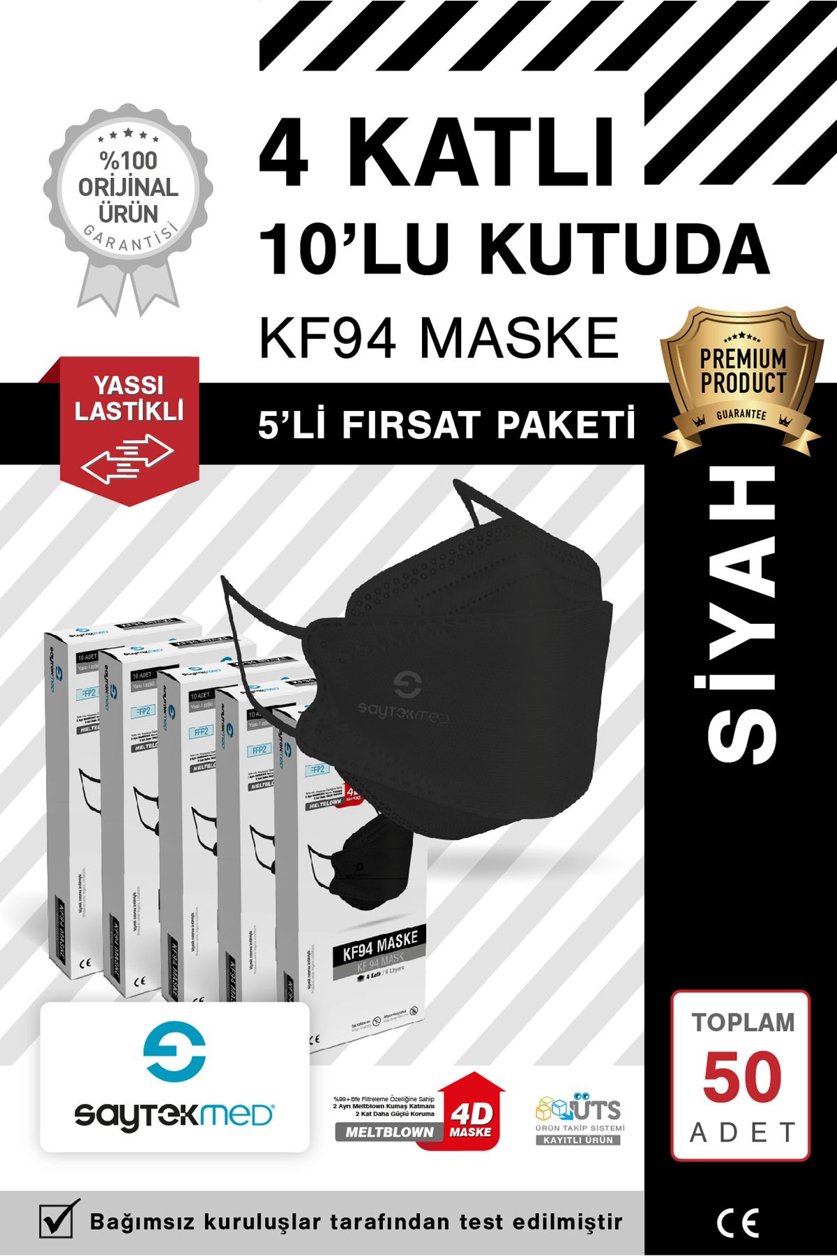 SAYTEKMED KF94 Kore Tipi, 4 katlı, SİYAH Maske, Tekli Paket, UV Steril (5 Kutu/ 50 Adet)