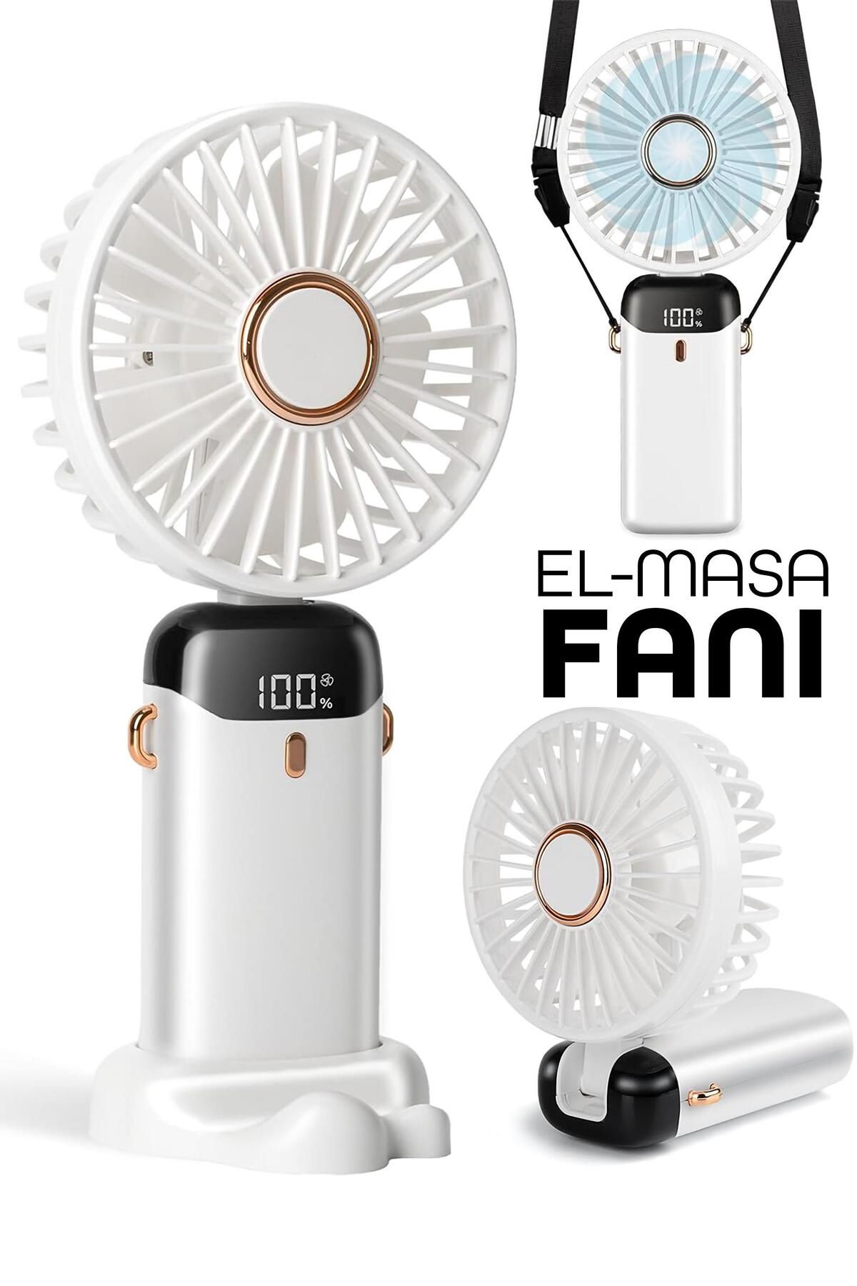 Telvesse LCD Ekranlı Şarjlı El Fanı 5 Kademe Boyun Seyahat Masaüstü Vantilatör Taşınabilir Mini Fan Beyaz N5