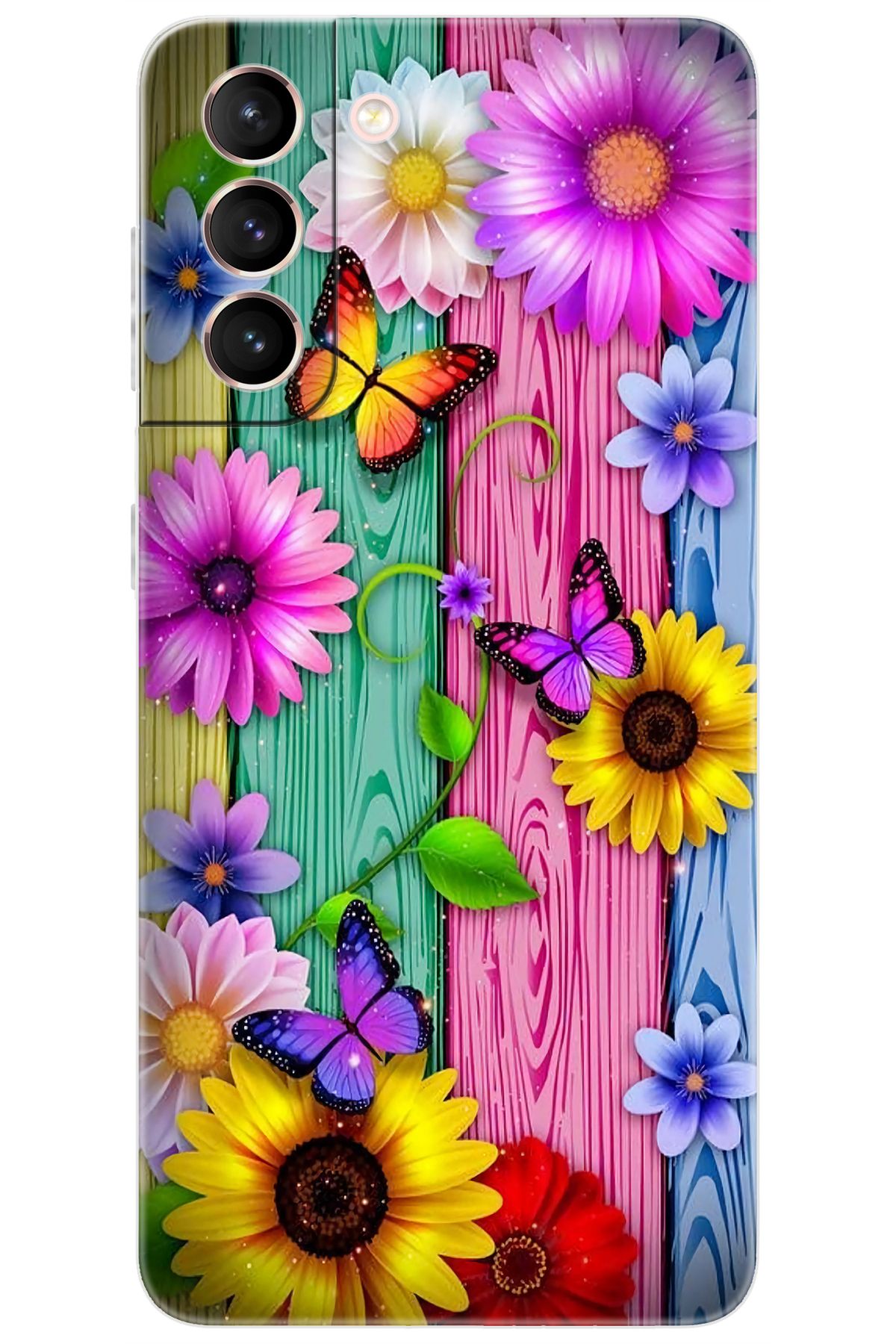 Ceppare Samsung Galaxy S21 (SM-G991B) Uyumlu Kılıf Desenli Silikon Renkli Papatya Kelebek STK:719 CP-kGvaCt9