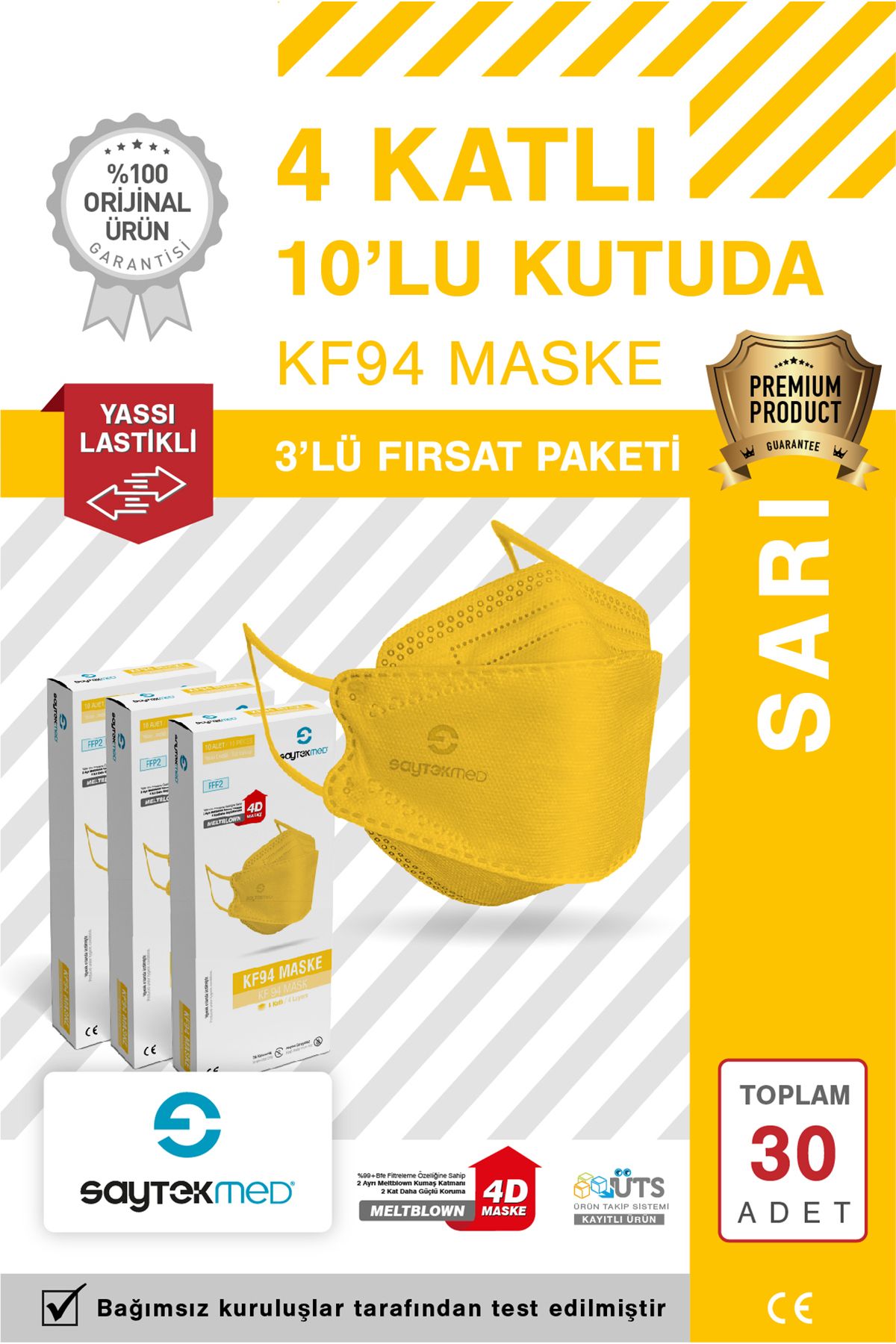 SAYTEKMED KF94 Kore Tipi, 4 katlı, SARI Maske, Tekli Paket, UV Steril (3 Kutu/ 30 Adet)