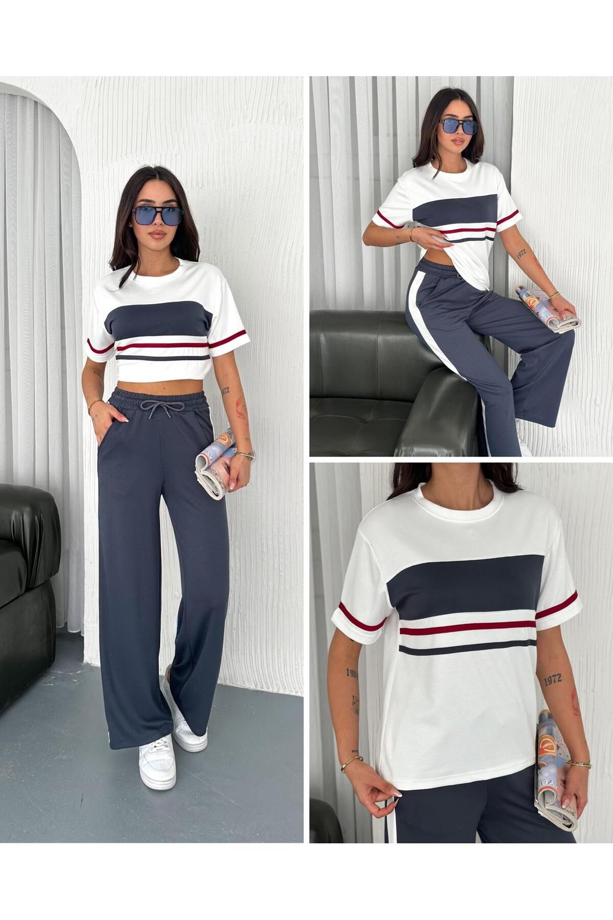 Güler Casual Şeritli İkili Eşofman Takımı Füme Renk