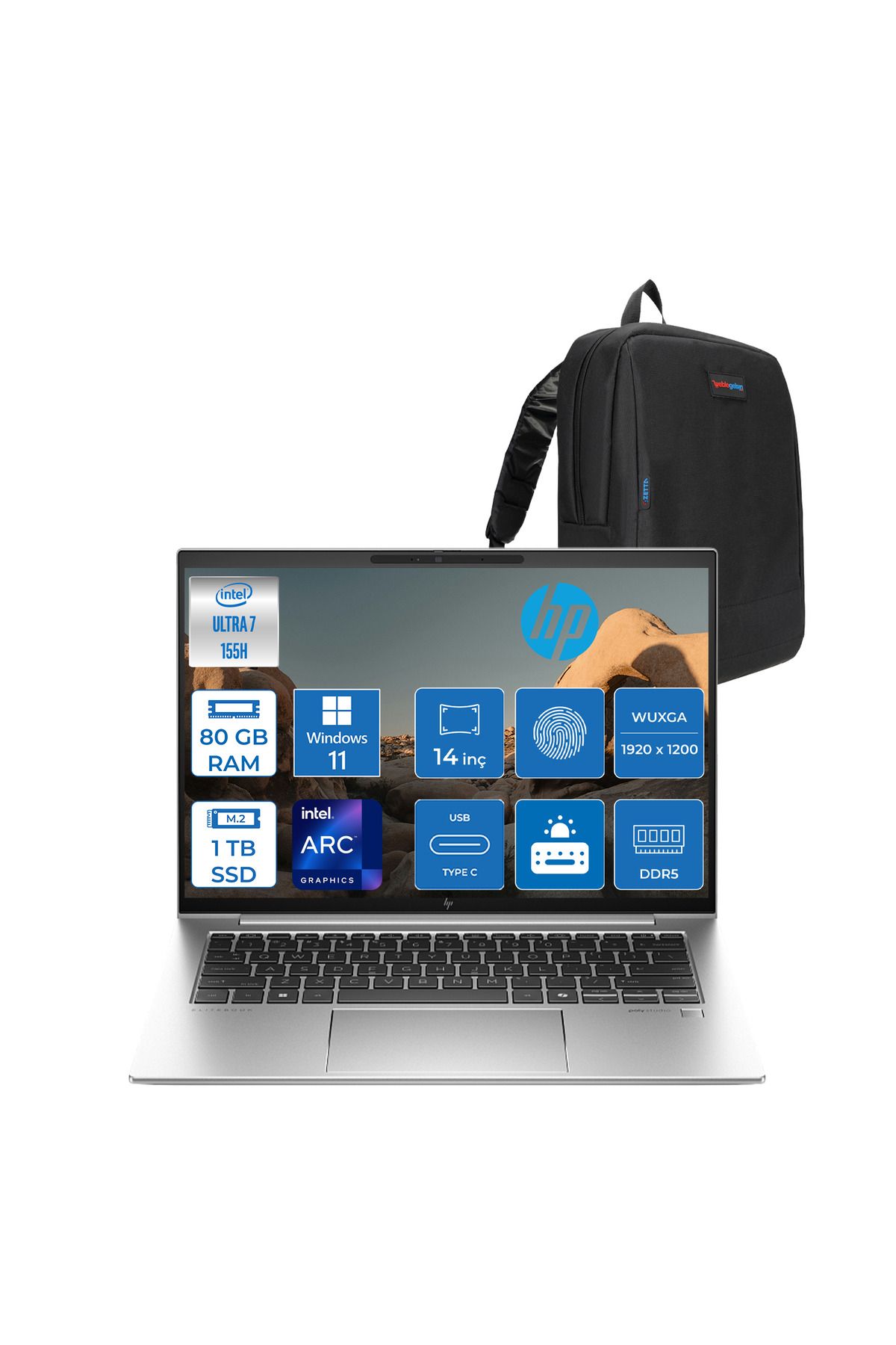 HP Elitebook 840 G11 U7-155H Aı 80Gb Ddr5 1tb SSD 14"WUXGA , IPS 400Nits W11P BB2RK8ESW26+ZettaÇanta