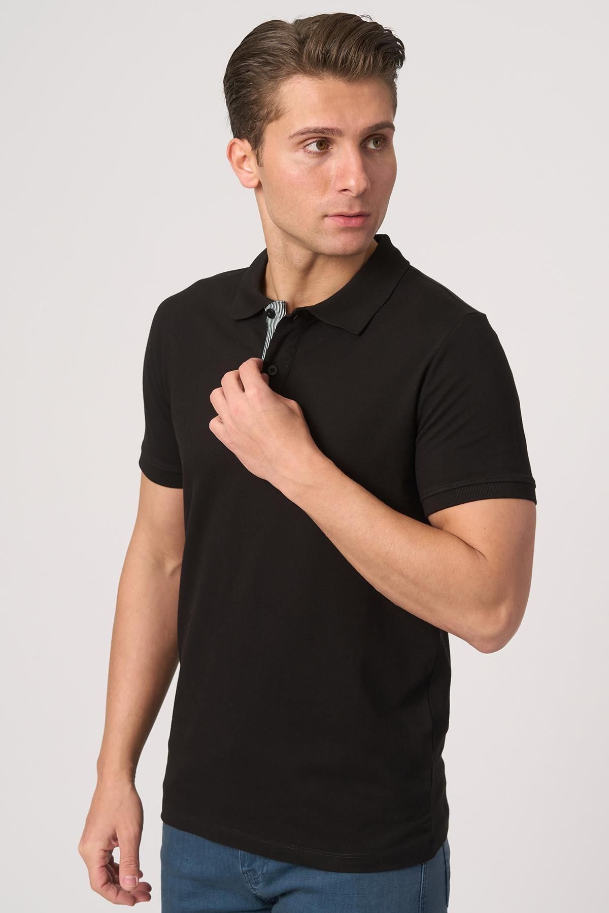 White Stone WHİTE STONE 2025-Y 3225-Y POLA YAKA TSHIRT SİYAH