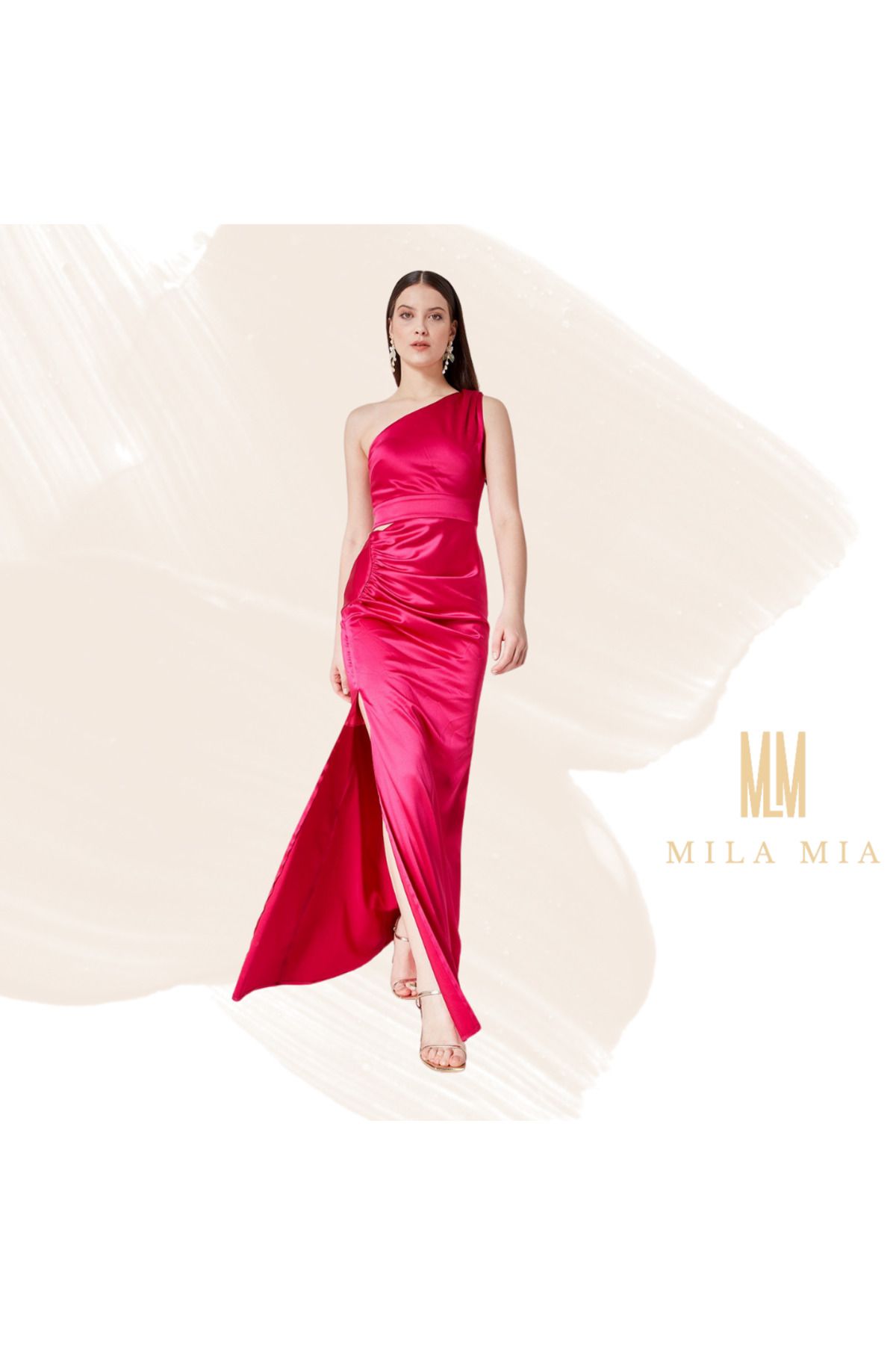 Butik Mila Mia Turkey Tek Omuz Yırtmaç Detaylı Saten Abiye