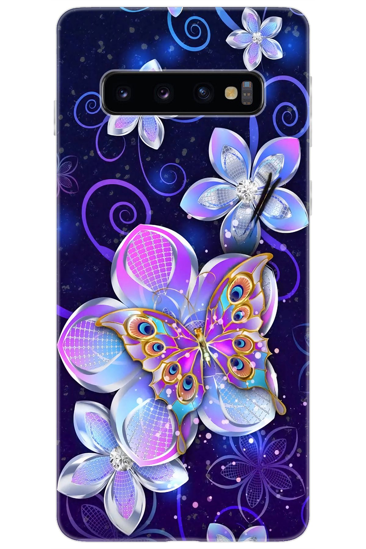 Ceppare Samsung Galaxy S10 (SM-G973F) Uyumlu Kılıf Desenli Silikon Kelebek ve Çiçekler STK:718 CP-oYcmXeW