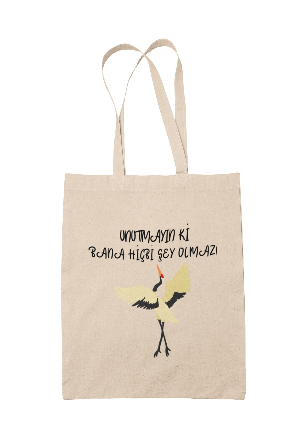 qoeuyl boutique Unutmayın ki Bana Hiçbi Şey Olmaz Leylek Baskılı KomiK %100 Pamuklu Ham Bez Bej Çanta