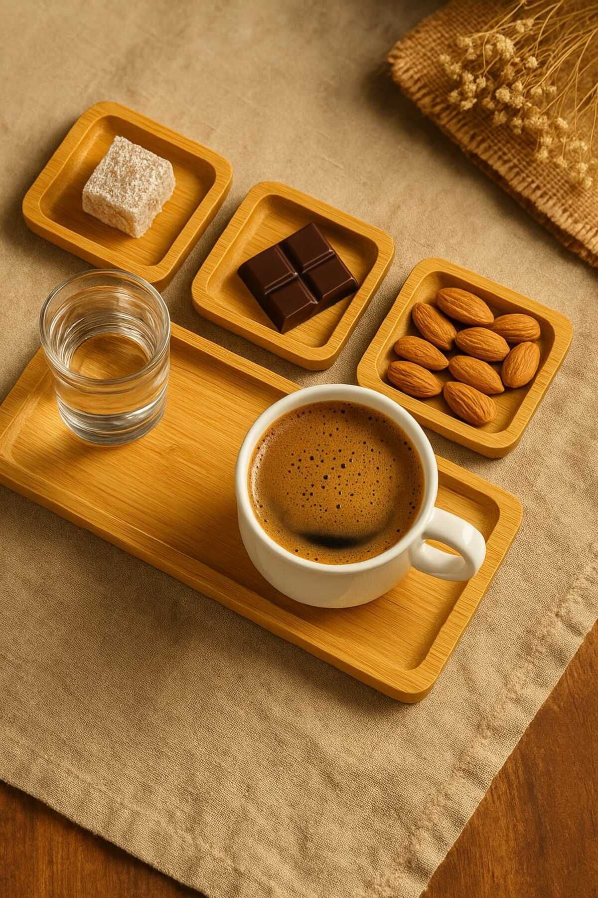 Vi Caro 4 lü Bambu Sunumluk Tabak Çay Kahve Servis Tabağı Kare Dikdörtgen Şık Ahşap Kahve Altlığı Seti