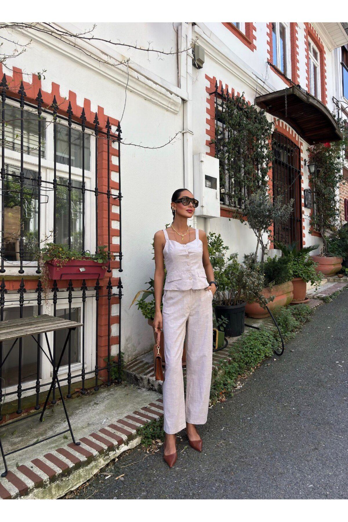 MAUN COLLECTION Kalın Askılı Bluz Pantolon Keten Takım