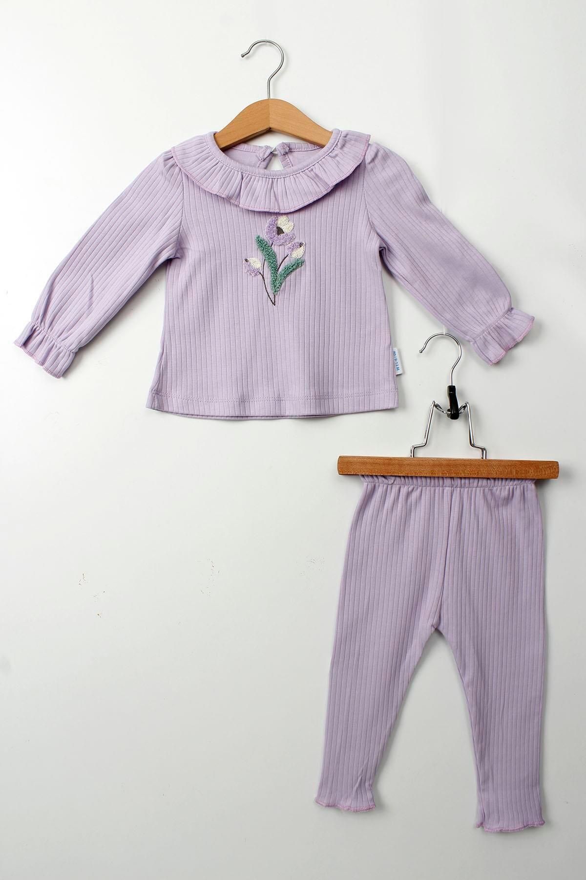 Çocuksan Baby&Kids Wear Kız Bebek Takımı Lila Renk 2'li Pamuklu Fırfırlı Yaka Çiçek Nakışlı Uzun Kollu Alt Üst Set