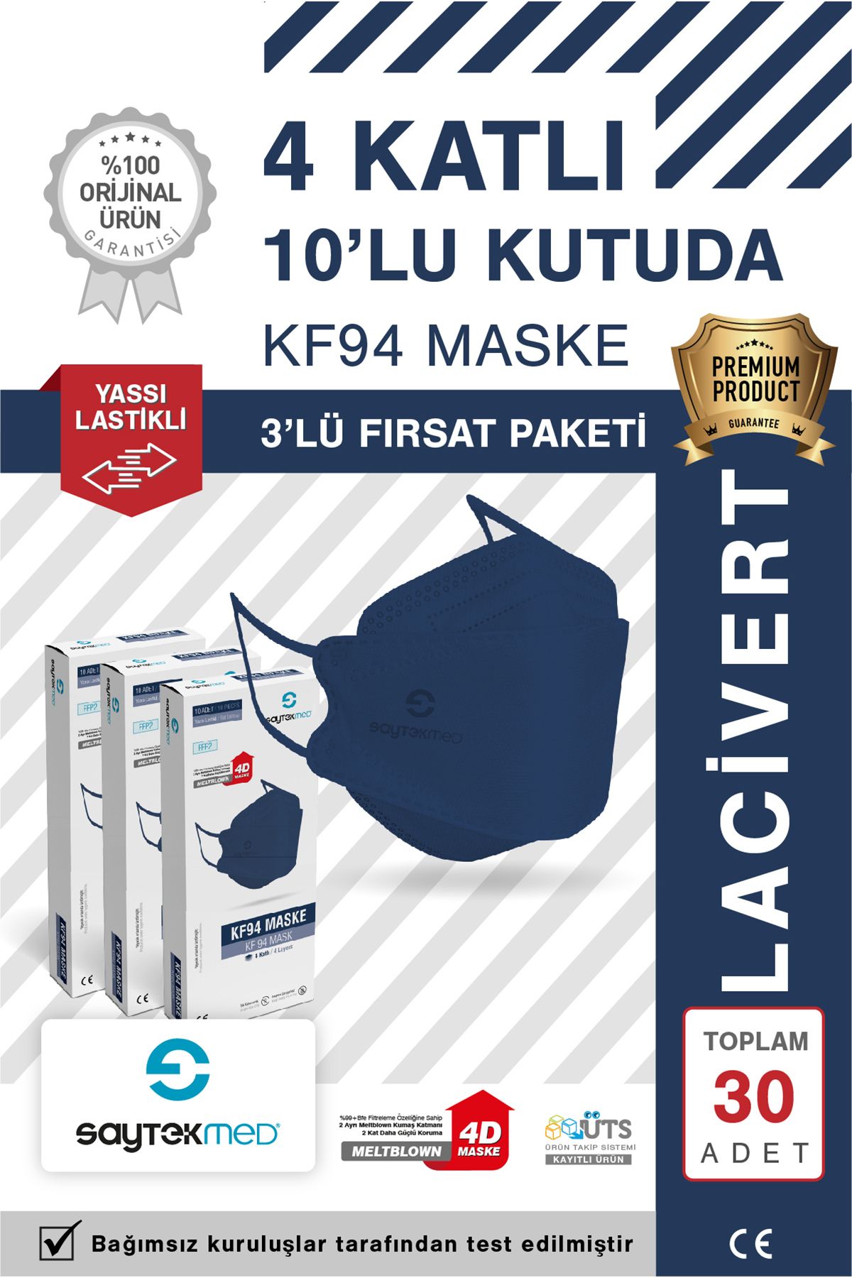 SAYTEKMED KF94 Kore Tipi, 4 katlı, LACİVERT Maske, Tekli Paket, UV Steril (3 Kutu/ 30 Adet)