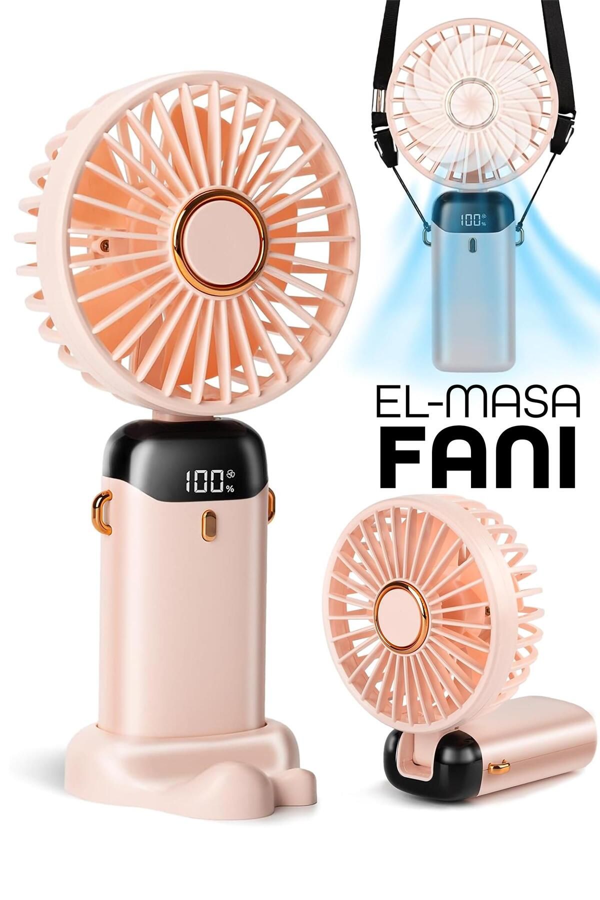 Telvesse LCD Ekranlı Şarjlı El Fanı 5 Kademe Boyun Seyahat Masaüstü Vantilatör Taşınabilir Mini Fan Pembe N5