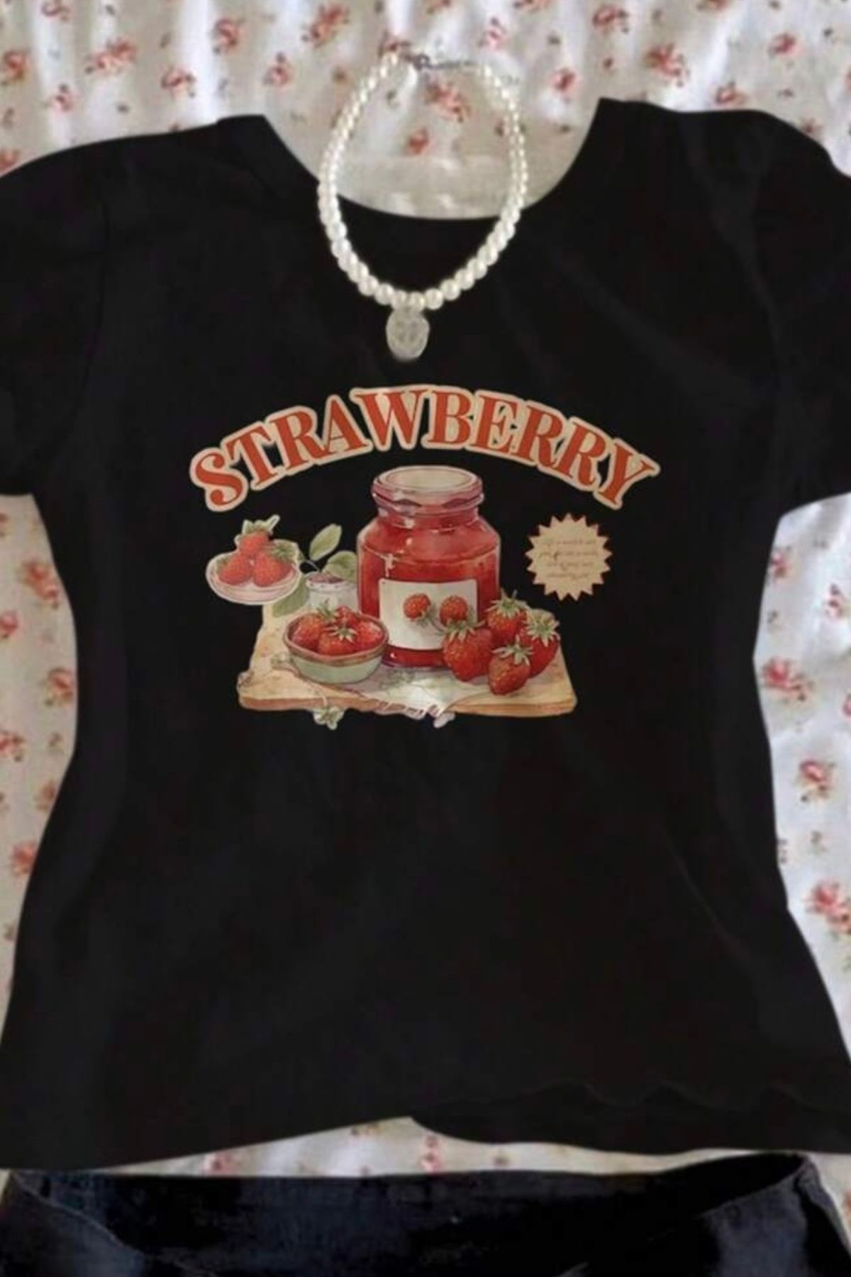 EFBUTİK Siyah Y2K Punk Strawberry Crop