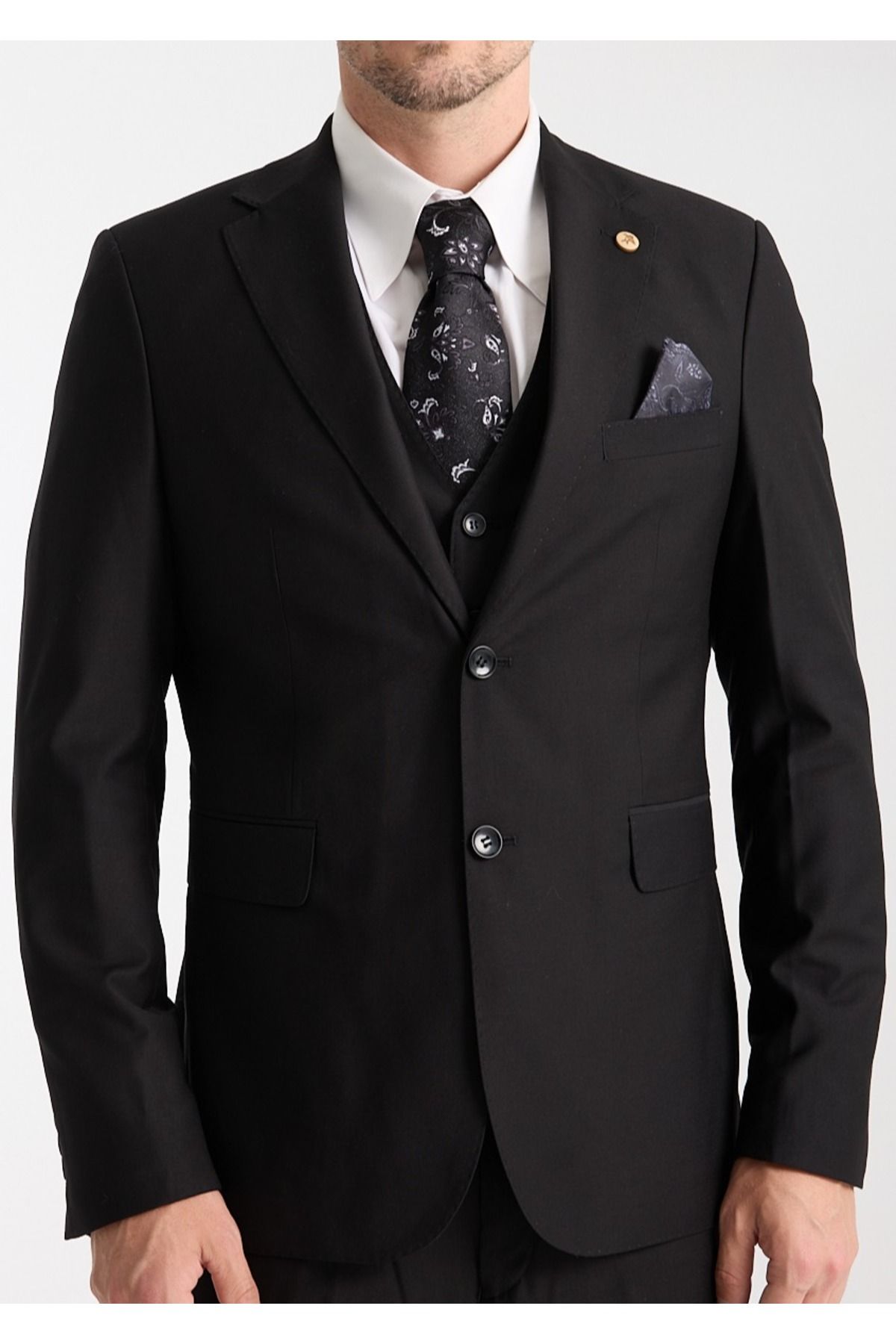 Ted Davıd Siyah Slim Fit Yelekli Takım Elbise