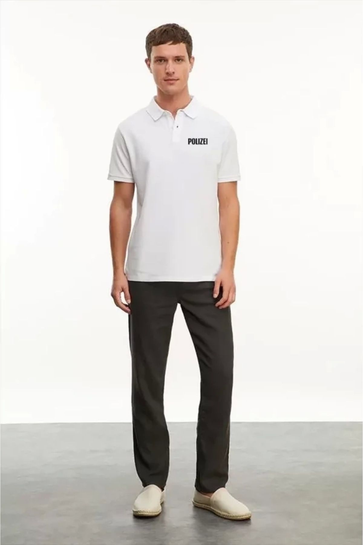 Silerra Yakası Düğmeli Yakalı Pike Baskılı T-Shirt - Beyaz