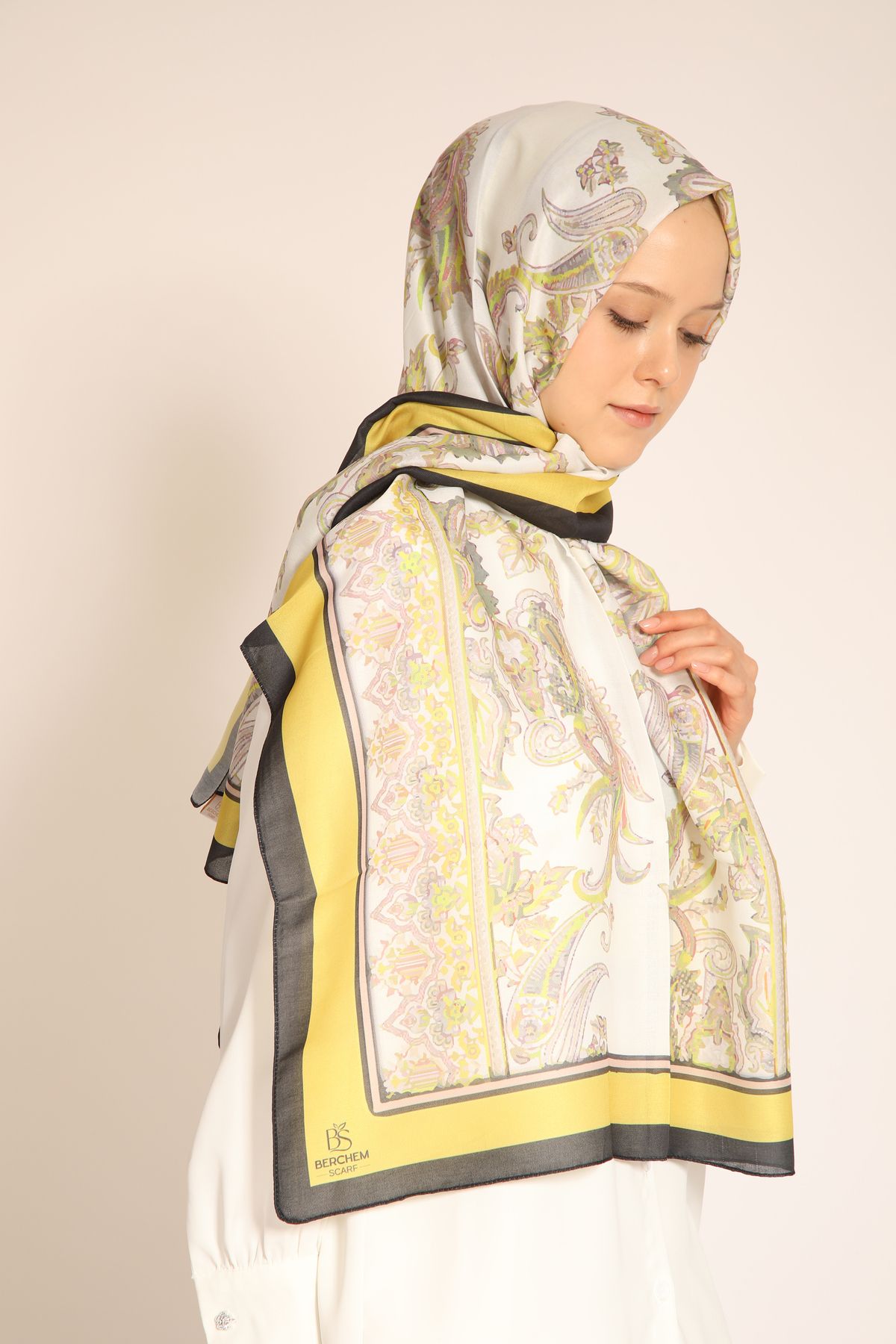 Dia Vela Pastel Renklerde Barok Desenli Soft Şal | Sarı, Gri ve Yeşil Detaylı