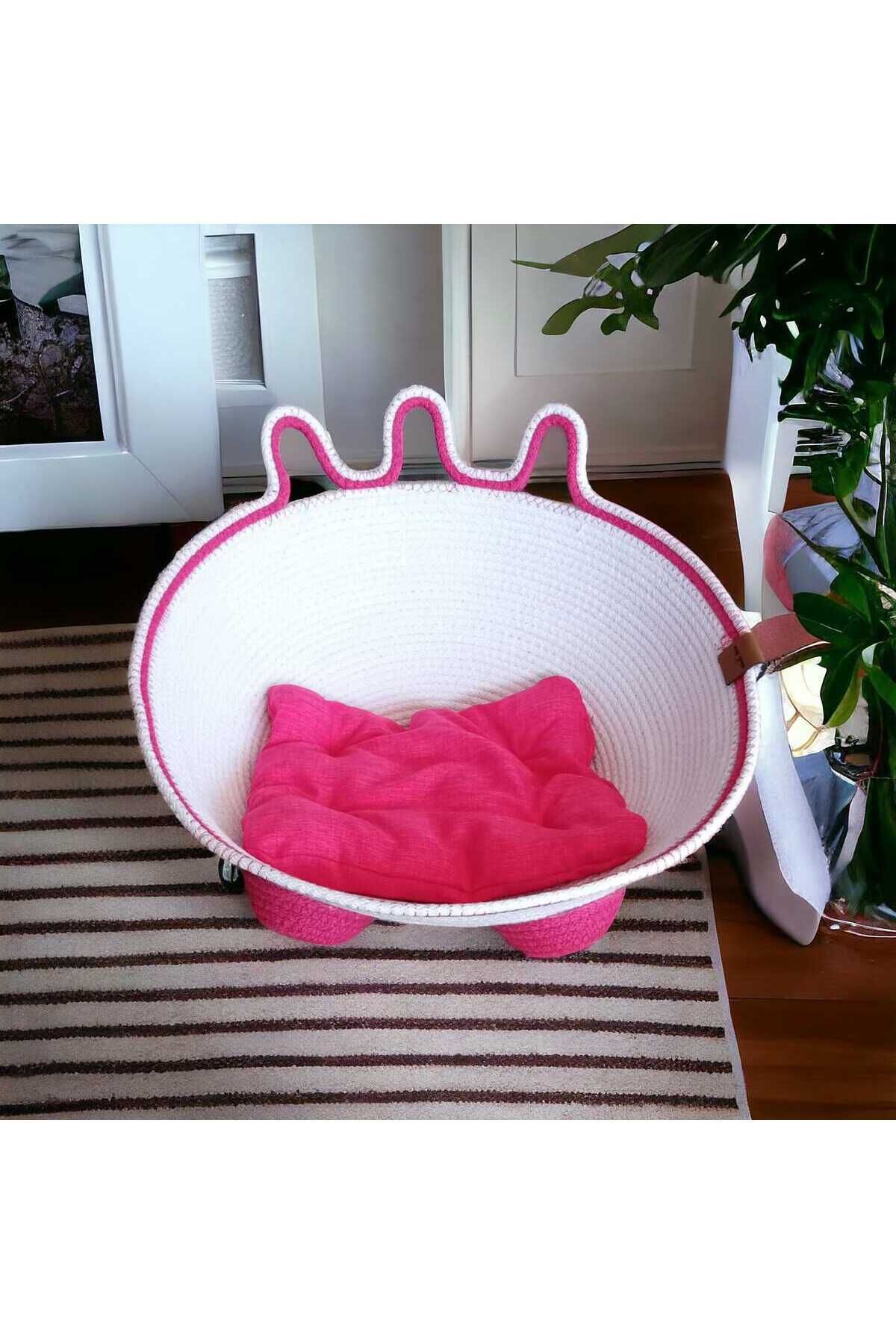 Shopyzone Decohandy Jüt Pembe-Beyaz Minderli Kedi Yataği