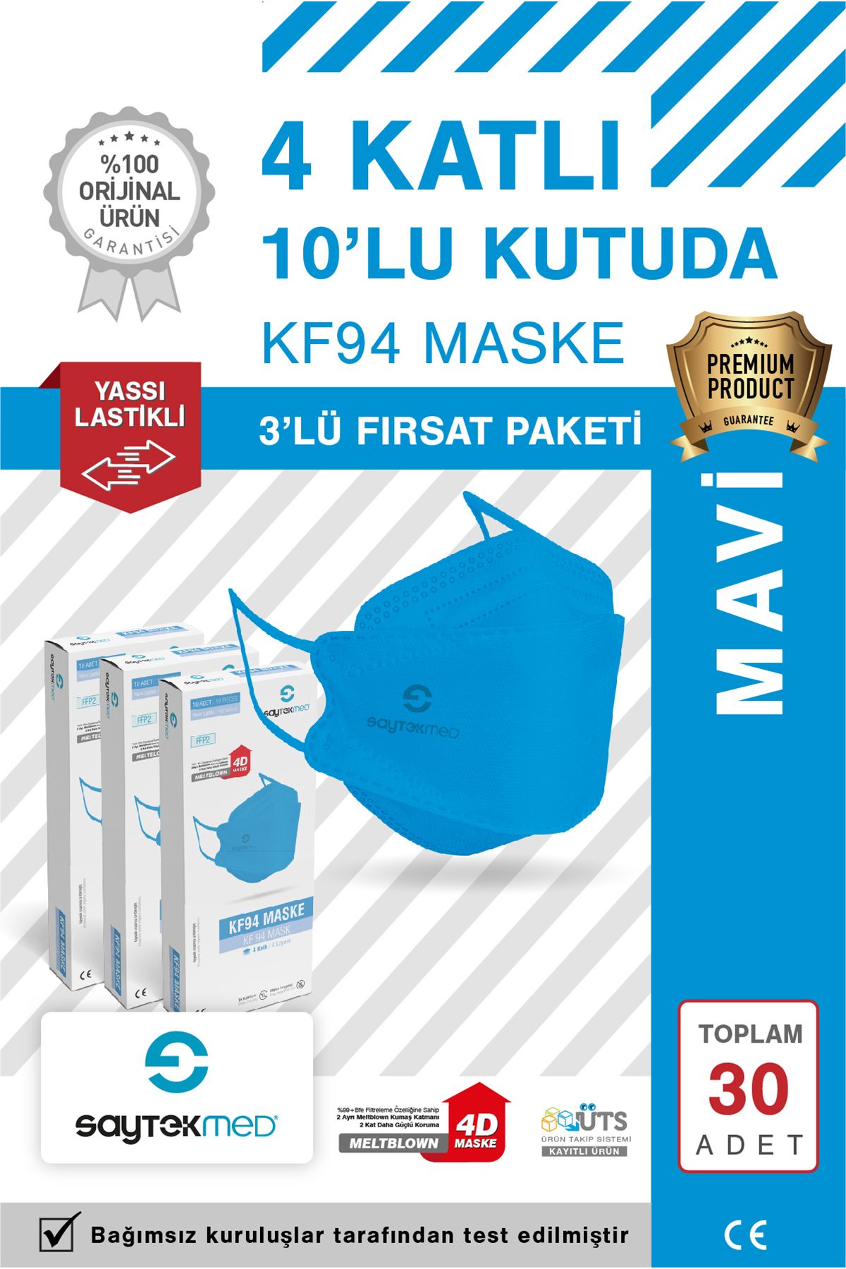 SAYTEKMED KF94 Kore Tipi, 4 katlı, MAVİ Maske, Tekli Paket, UV Steril (3 Kutu/ 30 Adet)