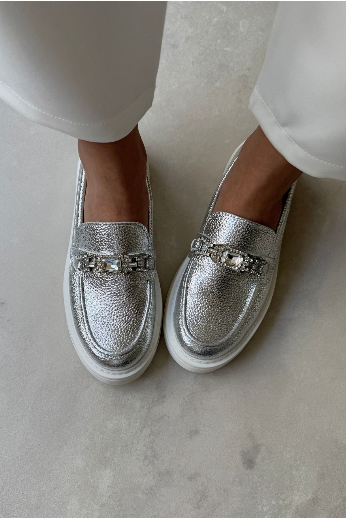 Mupa Shoes Kadın Taşlı Loafer Silver