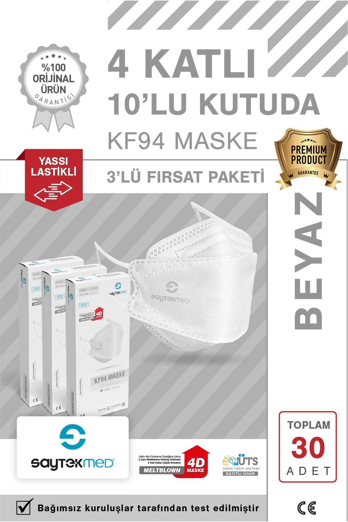 SAYTEKMED KF94 Kore Tipi, 4 katlı, BEYAZ Maske, Tekli Paket, UV Steril (3 Kutu/ 30 Adet)