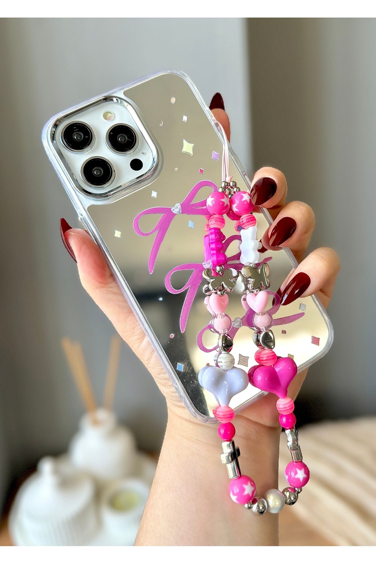 MirazTasarim IPHONE 14 PROMAX TELEFON CHARMLI FİYONK DESENLİ AYNALI KILIF