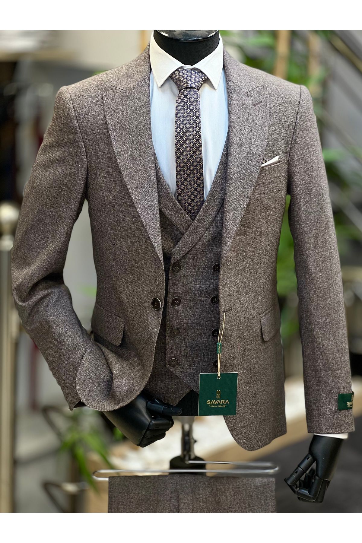 SAVARA Erkek kahverengi armürlü yelekli slimfit takım elbise