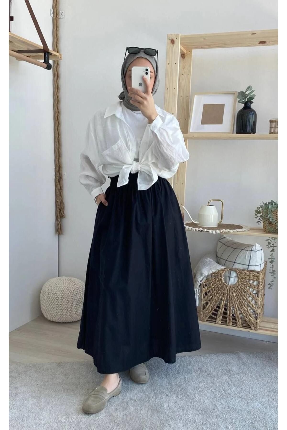 Trenddolabı Lastikli Cepli Poplin Etek