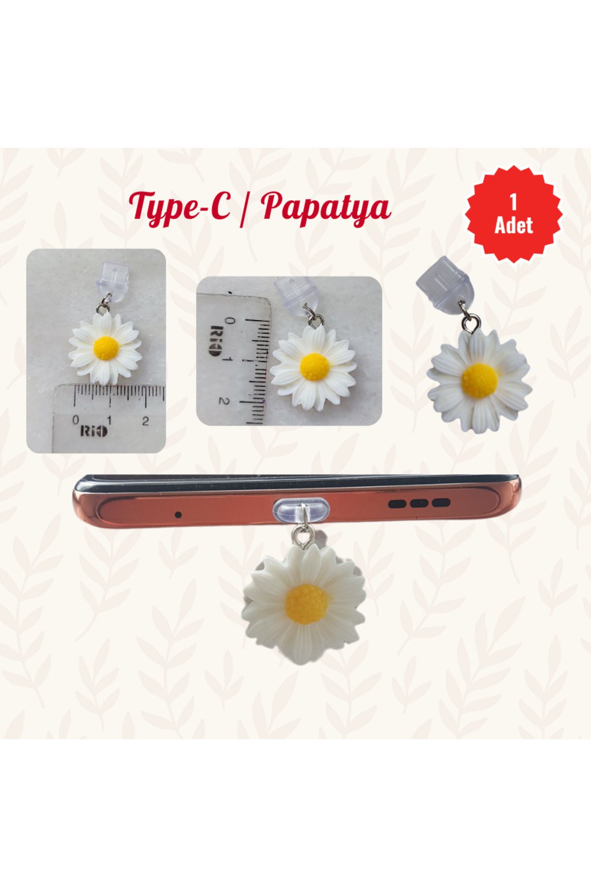 MUTLUYÜZ Type-C /Papatya Telefon Şarj Portu Toz Tıpası Süsü, Telefon Aksesuar, Charm, Hediyelik