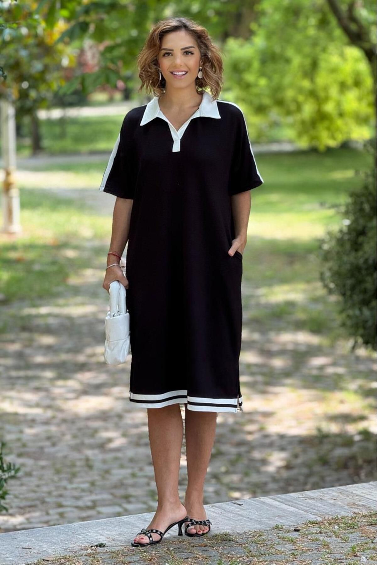 Nevin Kaya Moda Beyaz Yakalı Siyah Elbise
