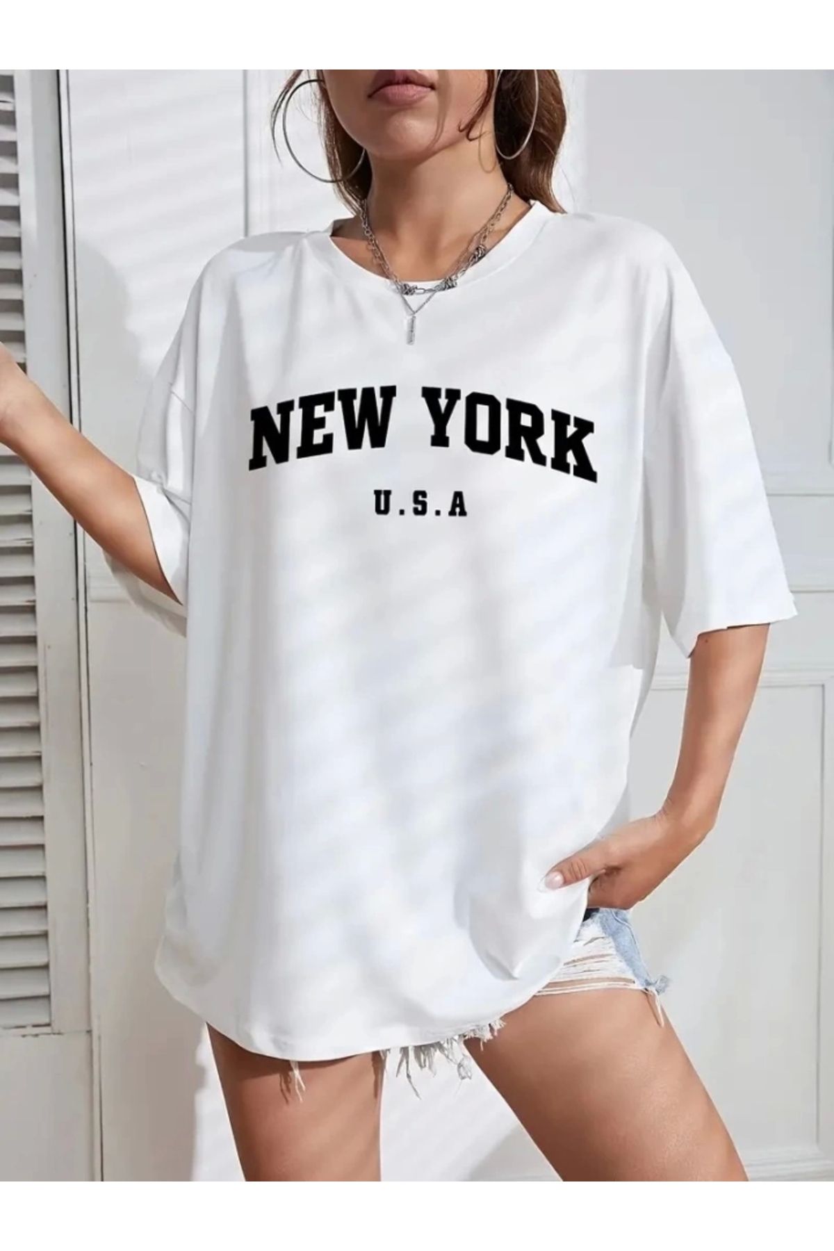 Silerra New York Baskılı Oversize Bisiklet Yaka T-shirt - Beyaz