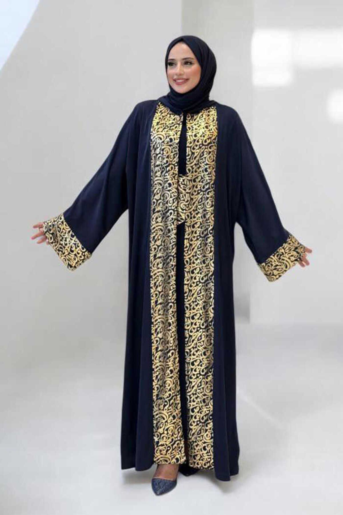 Bym Fashion Arapça Harf Baskılı Abaya 70014 Lacivert
