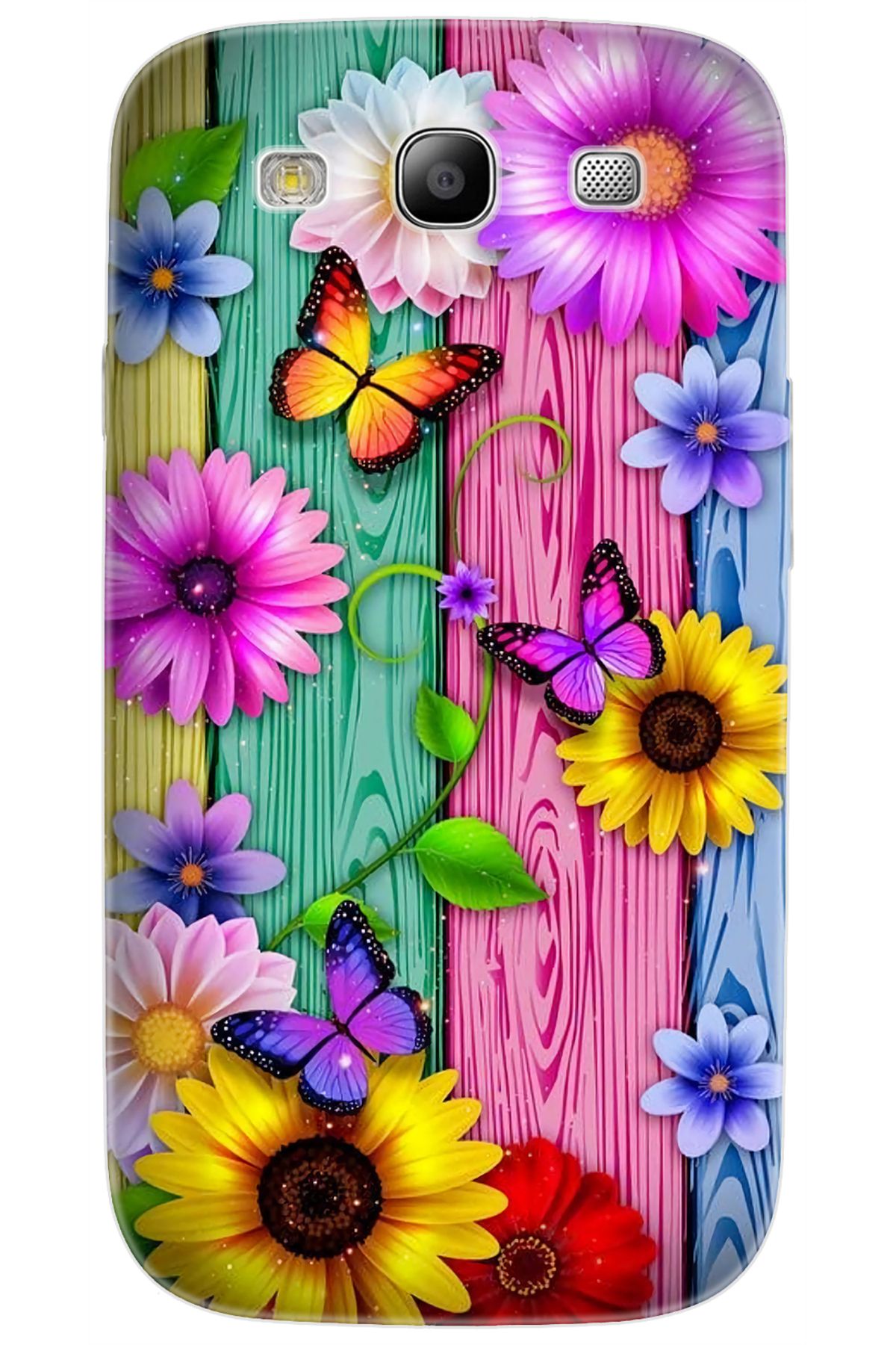 Ceppare Samsung Galaxy S3 (GT-I9300) Uyumlu Kılıf Desenli Silikon Renkli Papatya Kelebek STK:719 CP-GAxmSAP