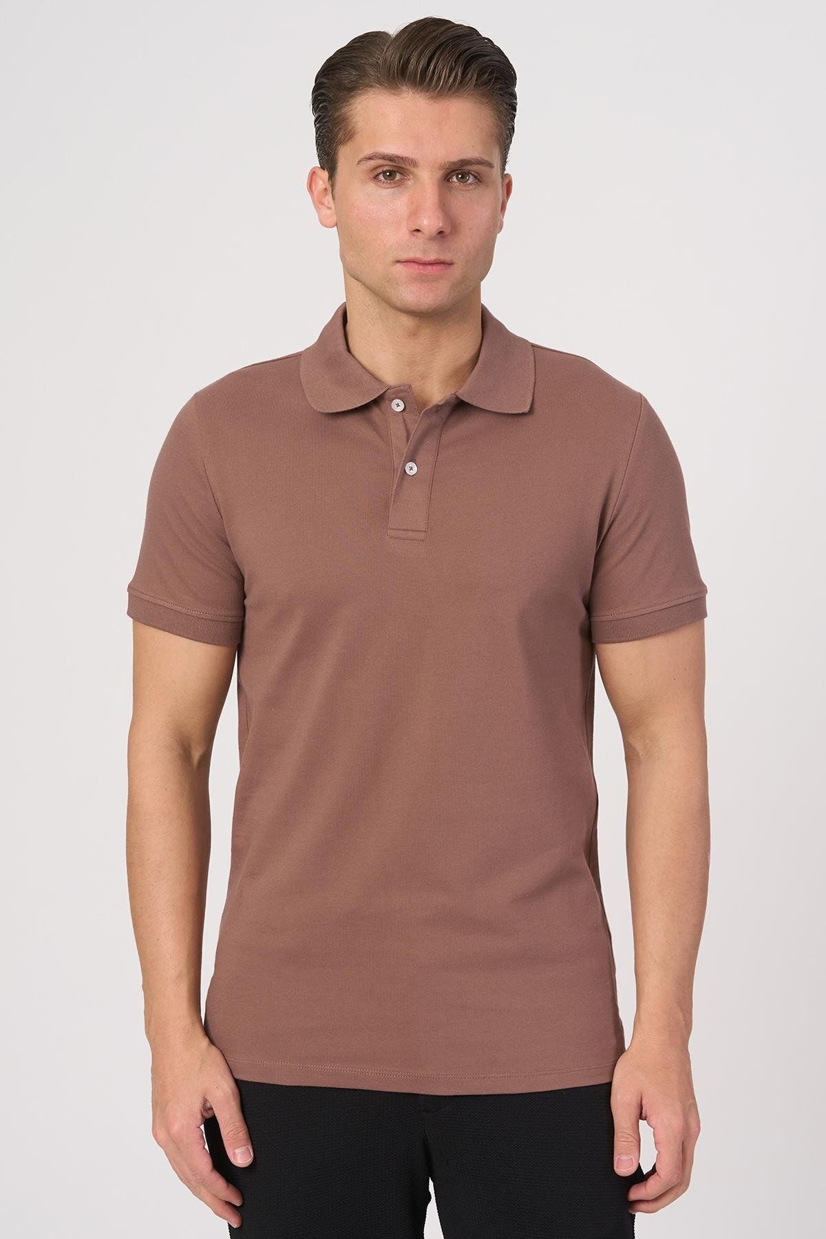 White Stone WHİTE STONE 2025-Y 2570-Y POLA YAKA TSHIRT Taba