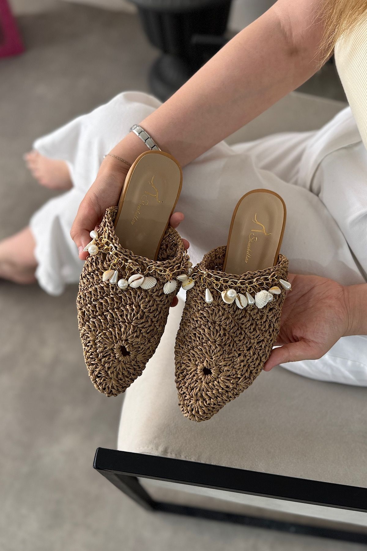 SHOEBELLAS-Clon Mink Straw Knitted Women's Slippers with Seashell Detail 3