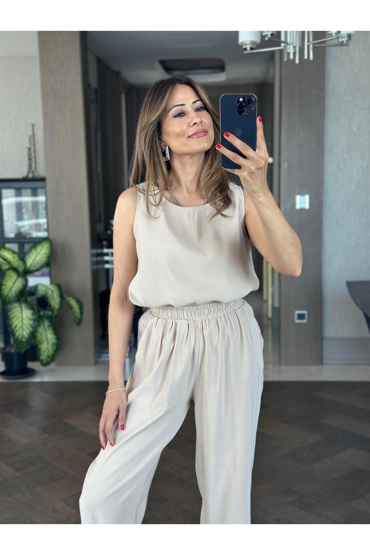 Forlady4 Bej Tnsl Sıfır Kol Bluz Pantolon Alt Üst Takım