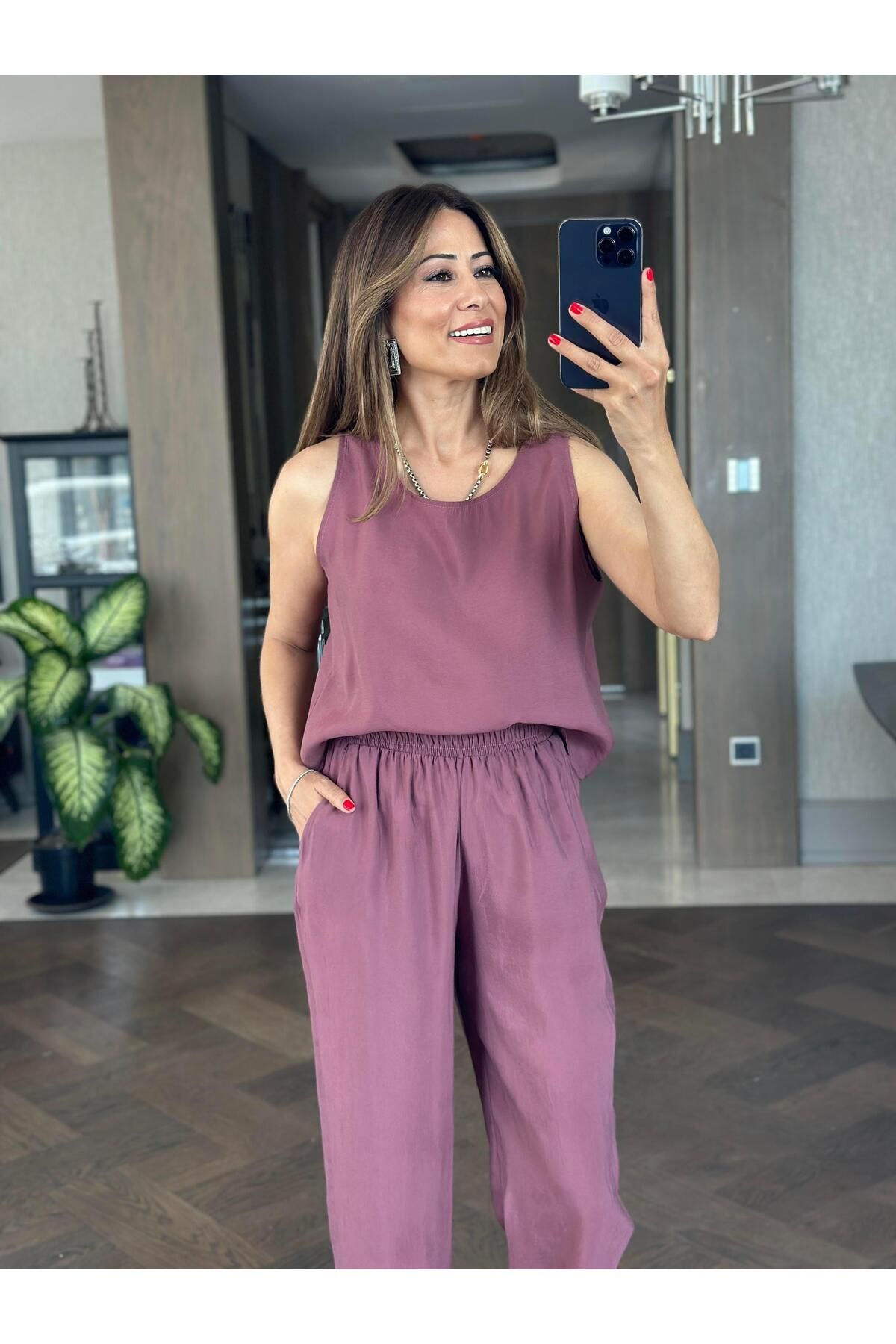 Forlady4 Mürdüm Tnsl Sıfır Kol Bluz Pantolon Alt Üst Takım