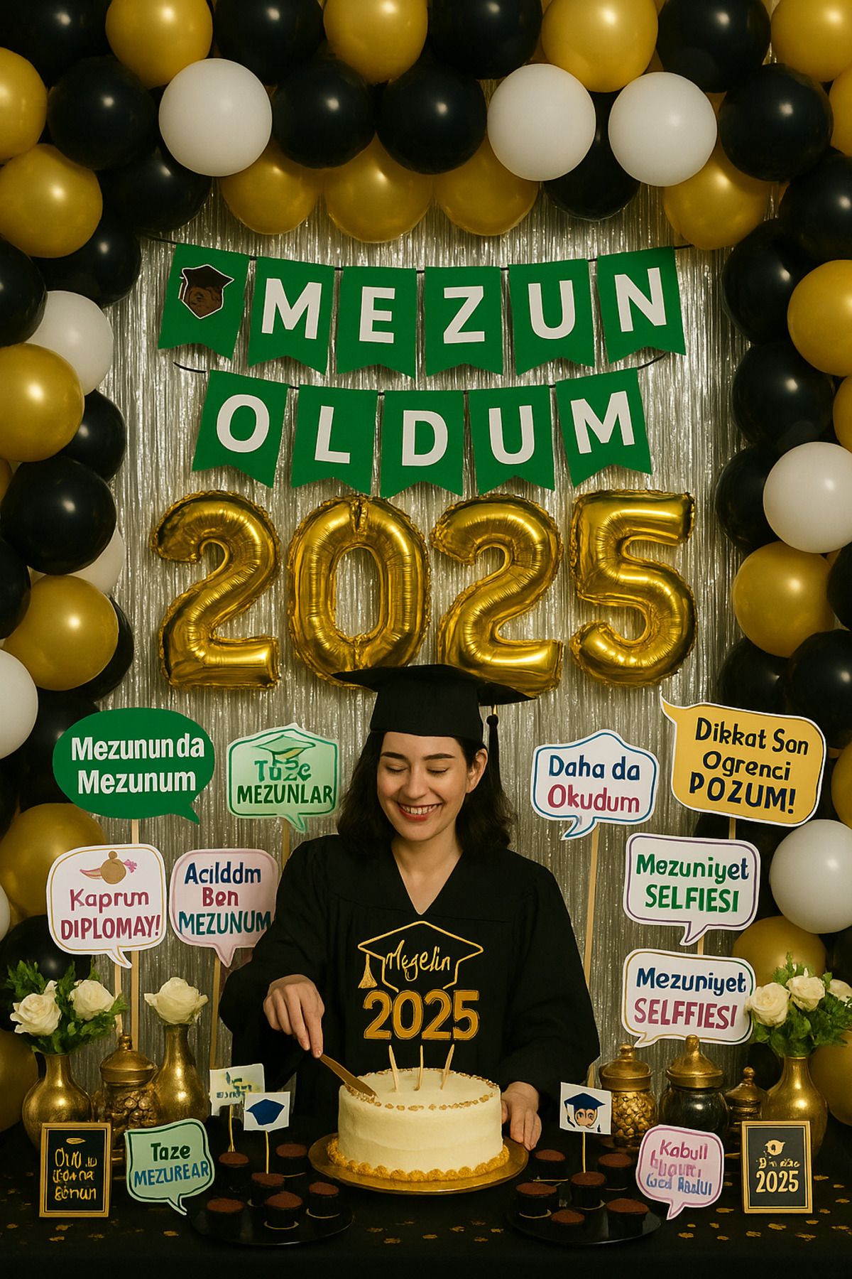 parti hediye sepeti 2025 Mezuniyet Parti Dekor Seti – Siyah Gold Beyaz Balon, ‘Mezun Oldum’ Banner & Konuşma Balonları