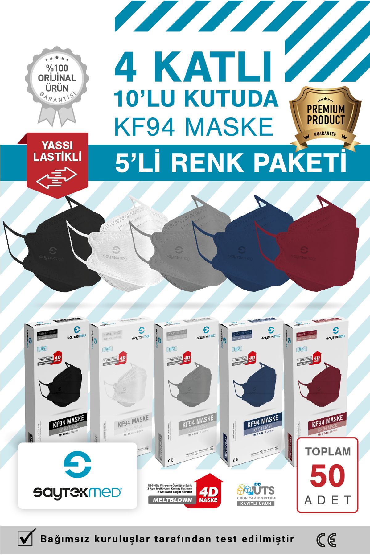 SAYTEKMED KF94 Kore Tipi, 4 katlı, 5 Farklı Renk, UV steril paketli (50 adet/5 Kutu)