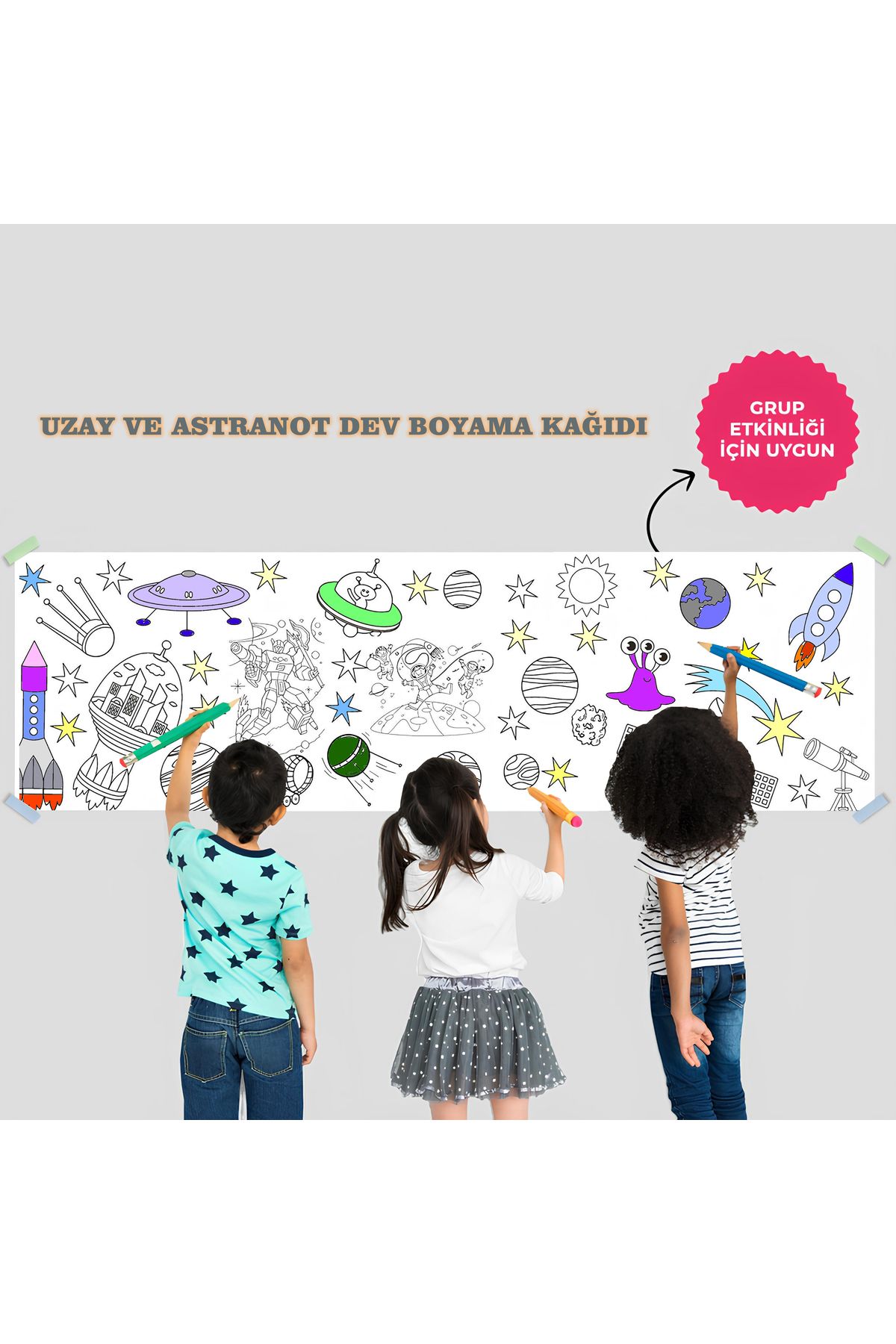 Tuba Decor uzay ve astronot Temalı Dev Boyama Kağıdı 2,5 Metre Rulo Boyama Kağıdı - Çocuk Eğitici Boyama