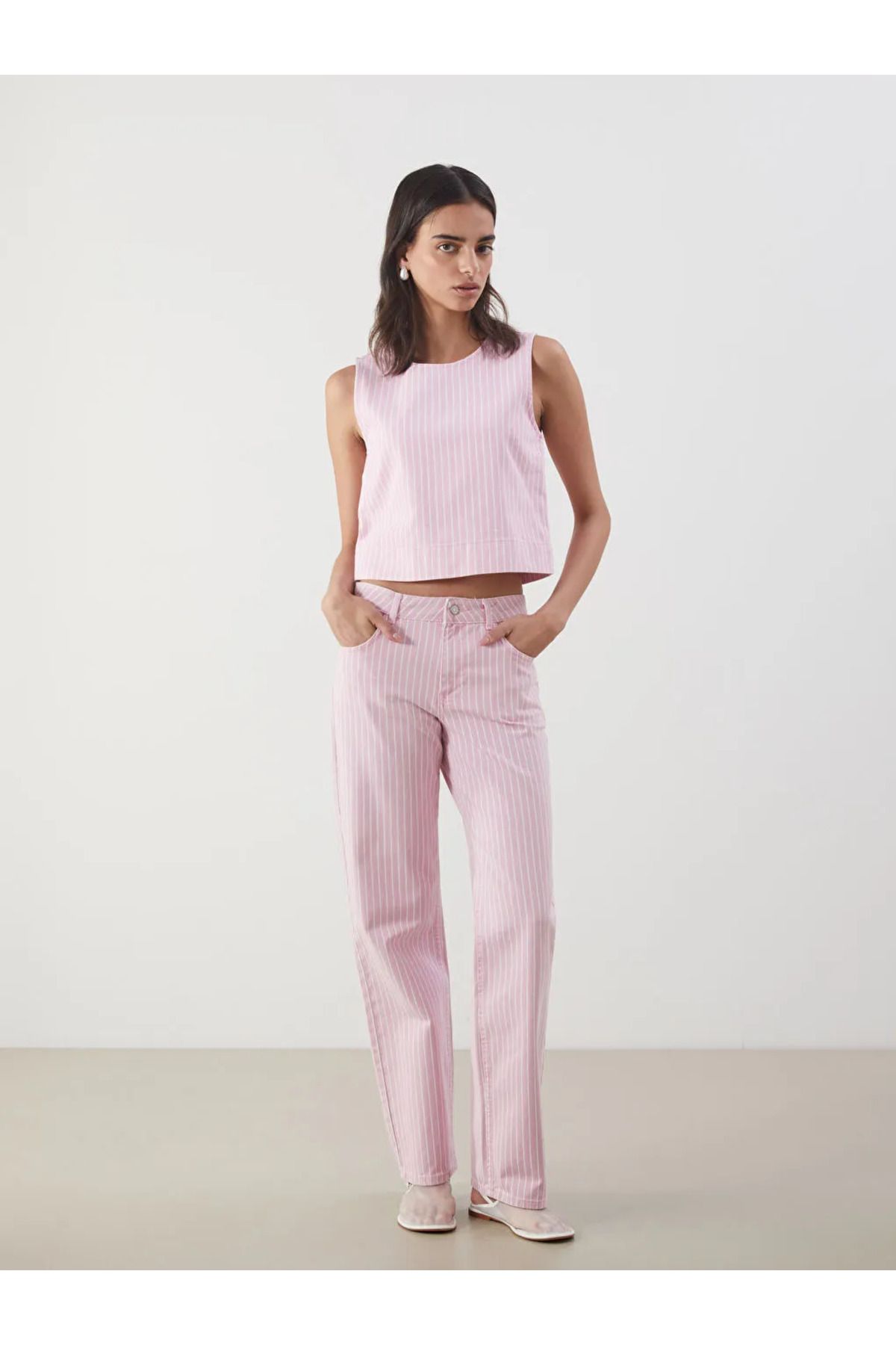 LC Waikiki LCW Jeans Pembe Çizgili Straight Fit Kadın Jean Pantolon