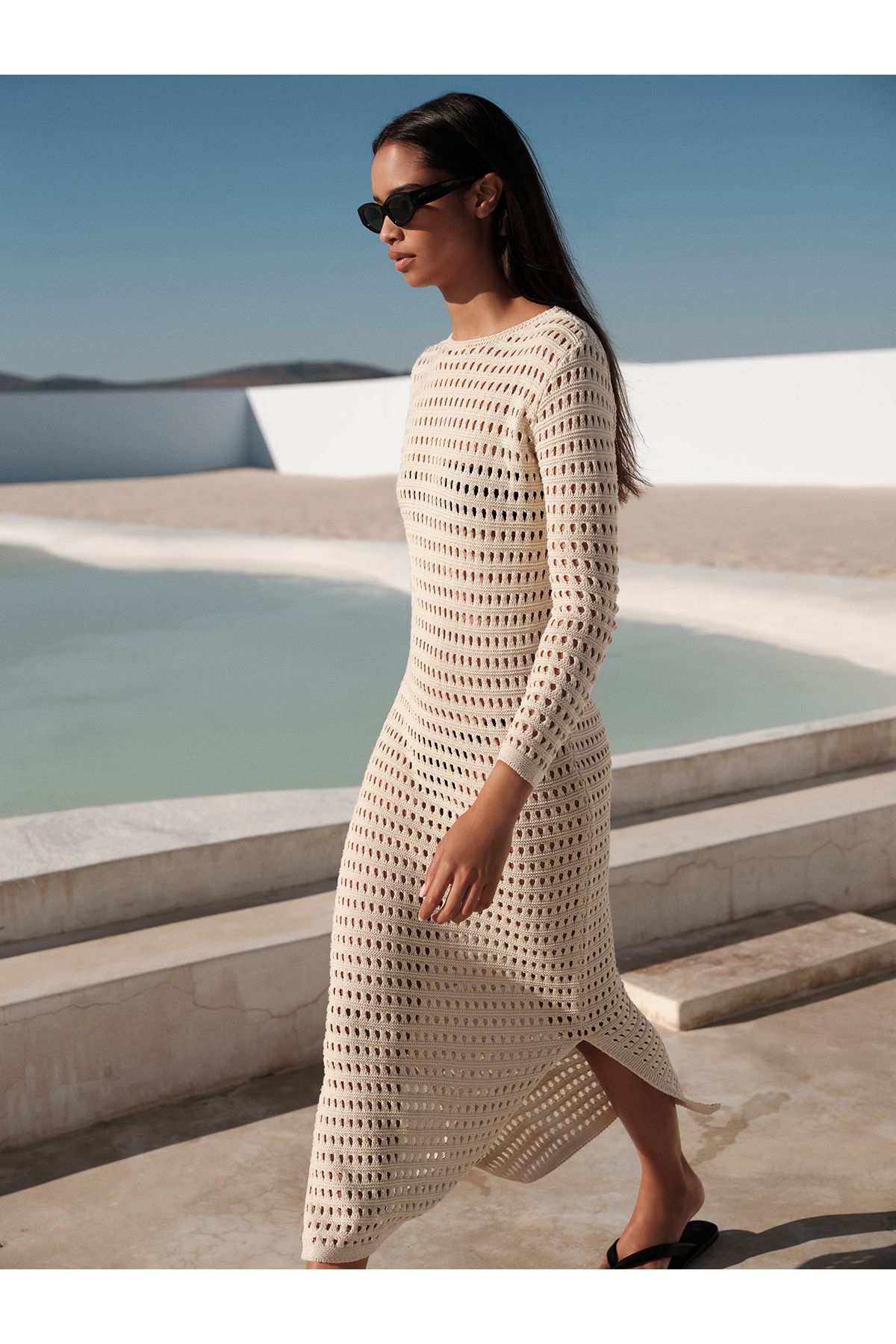 mathilda store Kadın Ekru Arte Yırtmaç Detaylı Beachwear Takım