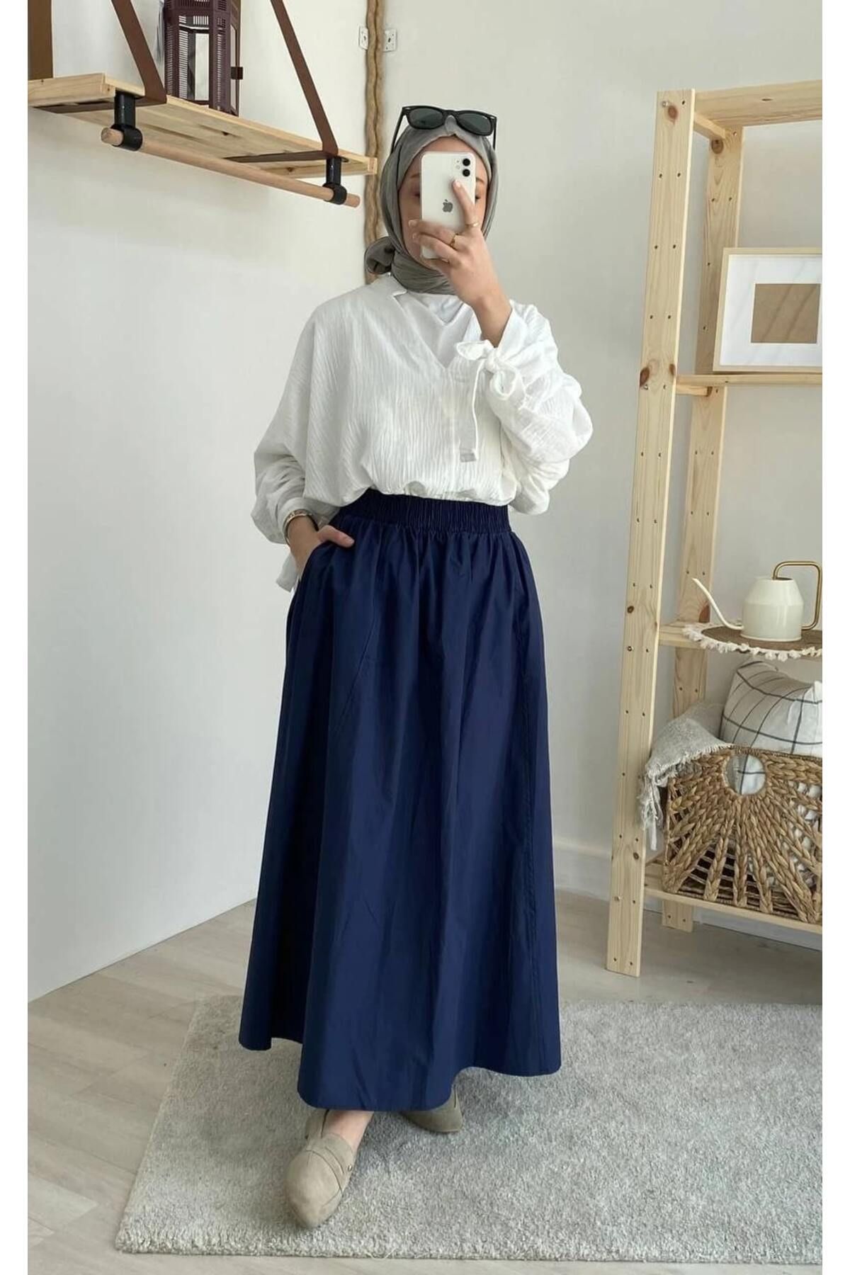 Trenddolabı Lastikli Cepli Poplin Etek