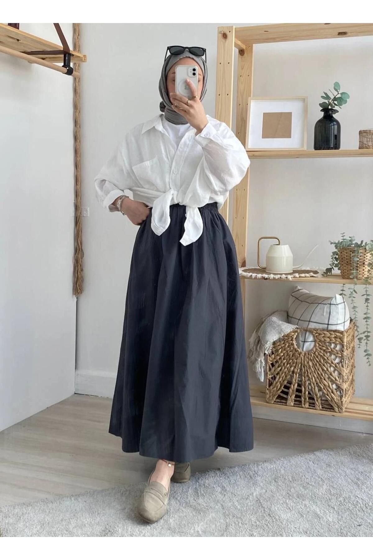 Trenddolabı Lastikli Cepli Poplin Etek