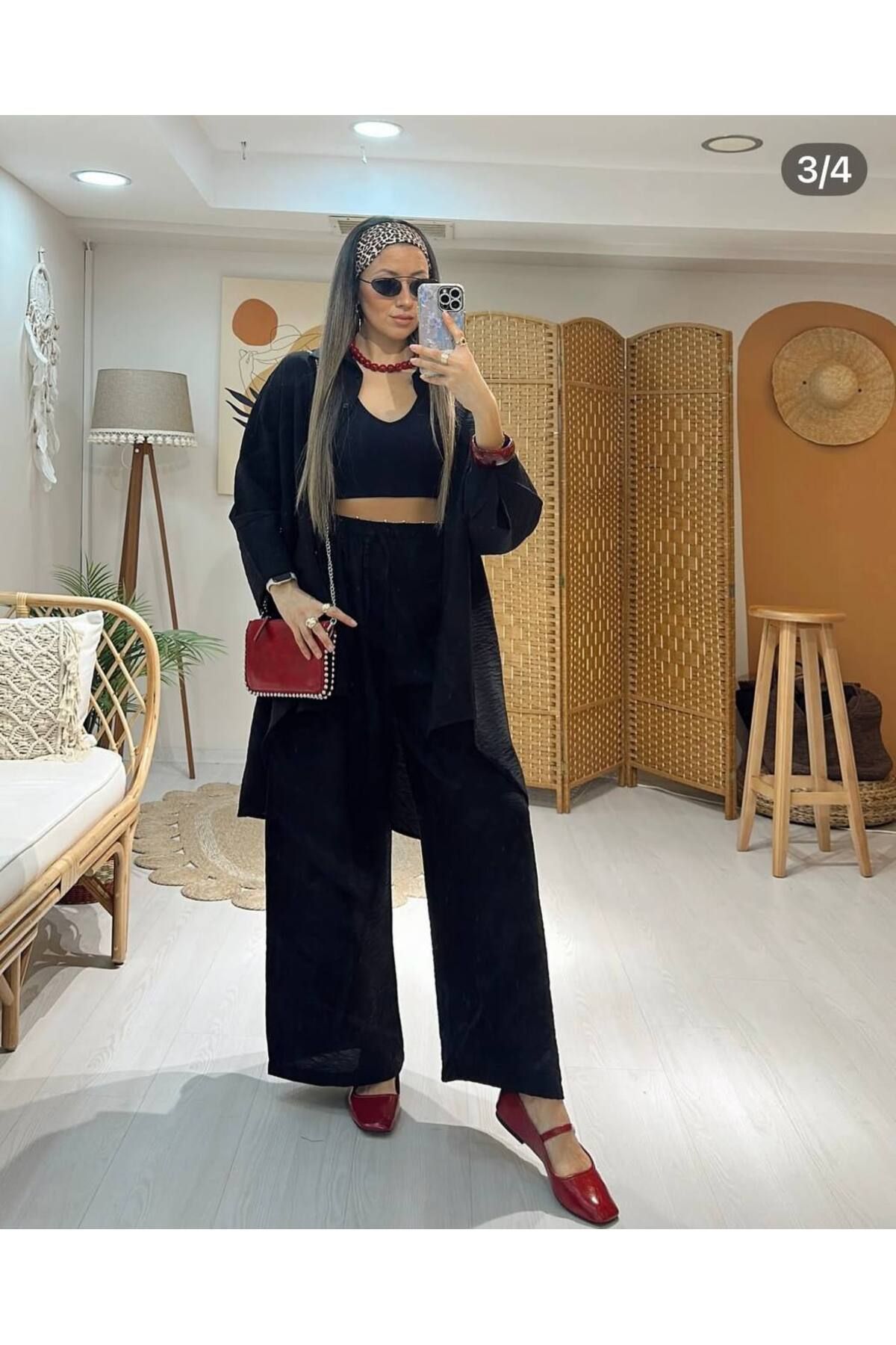 QUAWEAR Gölek Yaka Arkası Uzun Gömlek Bol Paça Pantolonlu İkili Takım