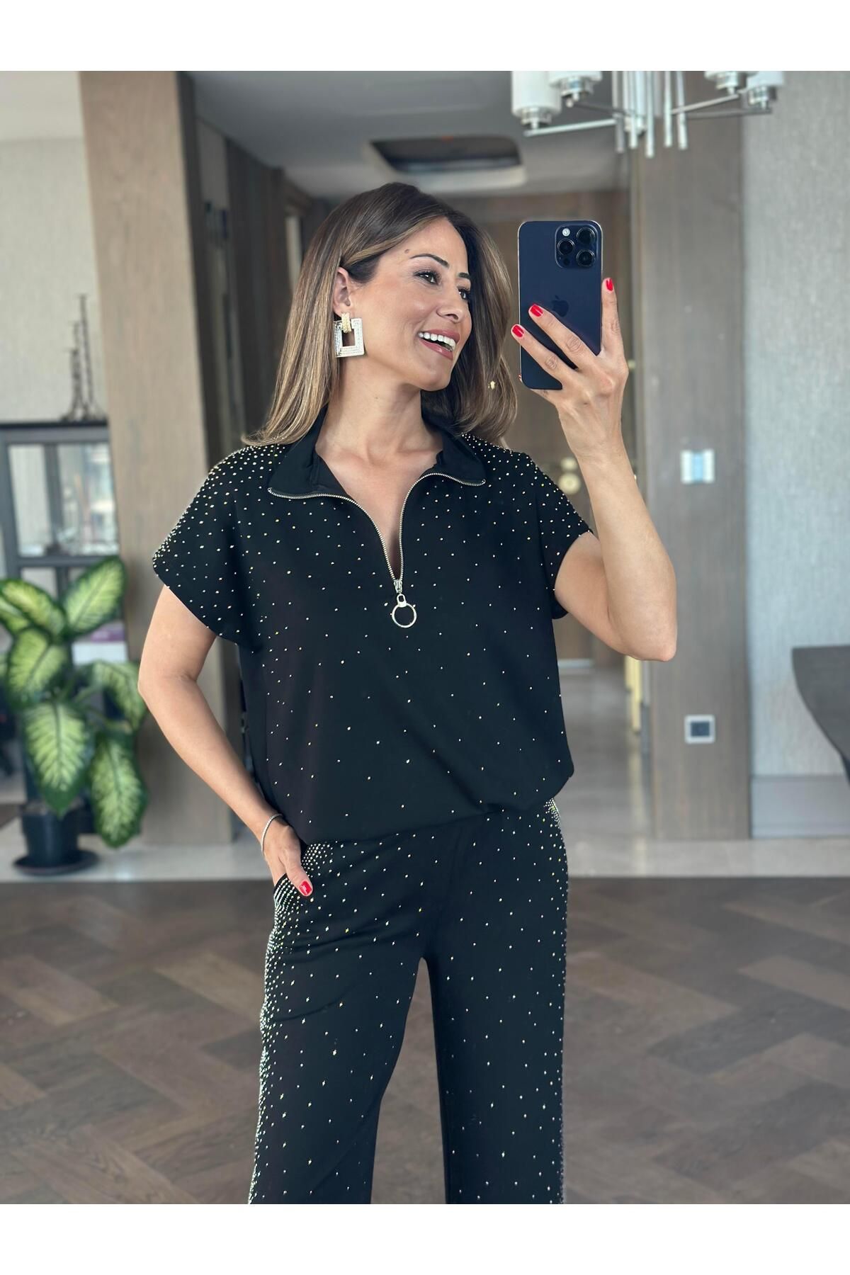 Forlady4 Siyah Modal Taş Detay Kadın Eşofman Takım