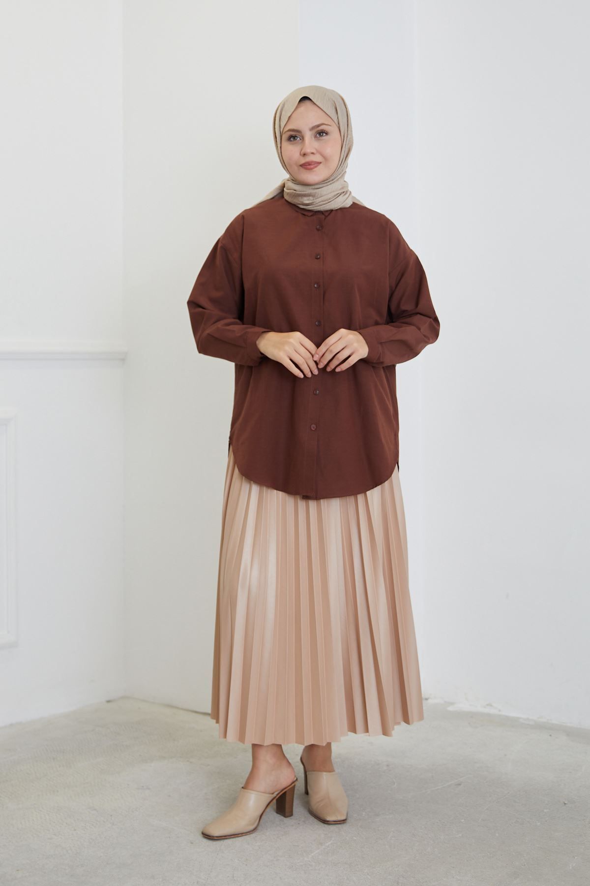 Foremia Düğmeli Poplin Gömlek-Kahve